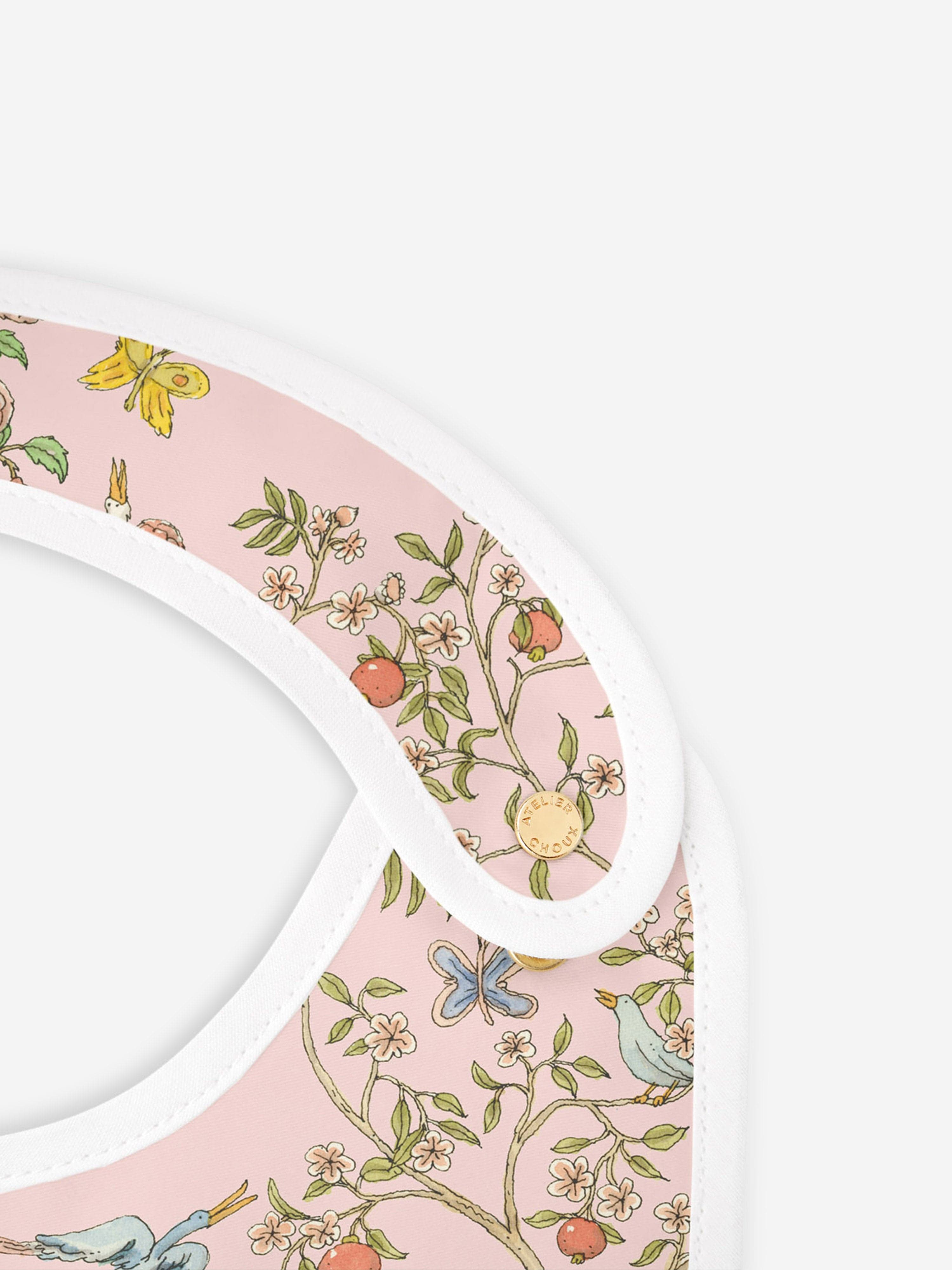 Atelier Choux Baby Girls In Bloom Satin Bib - Soft Pink Organic Cotton Drool Bib for Newborns & Infants | Perfect for Feeding, Teething & Photo Shoots