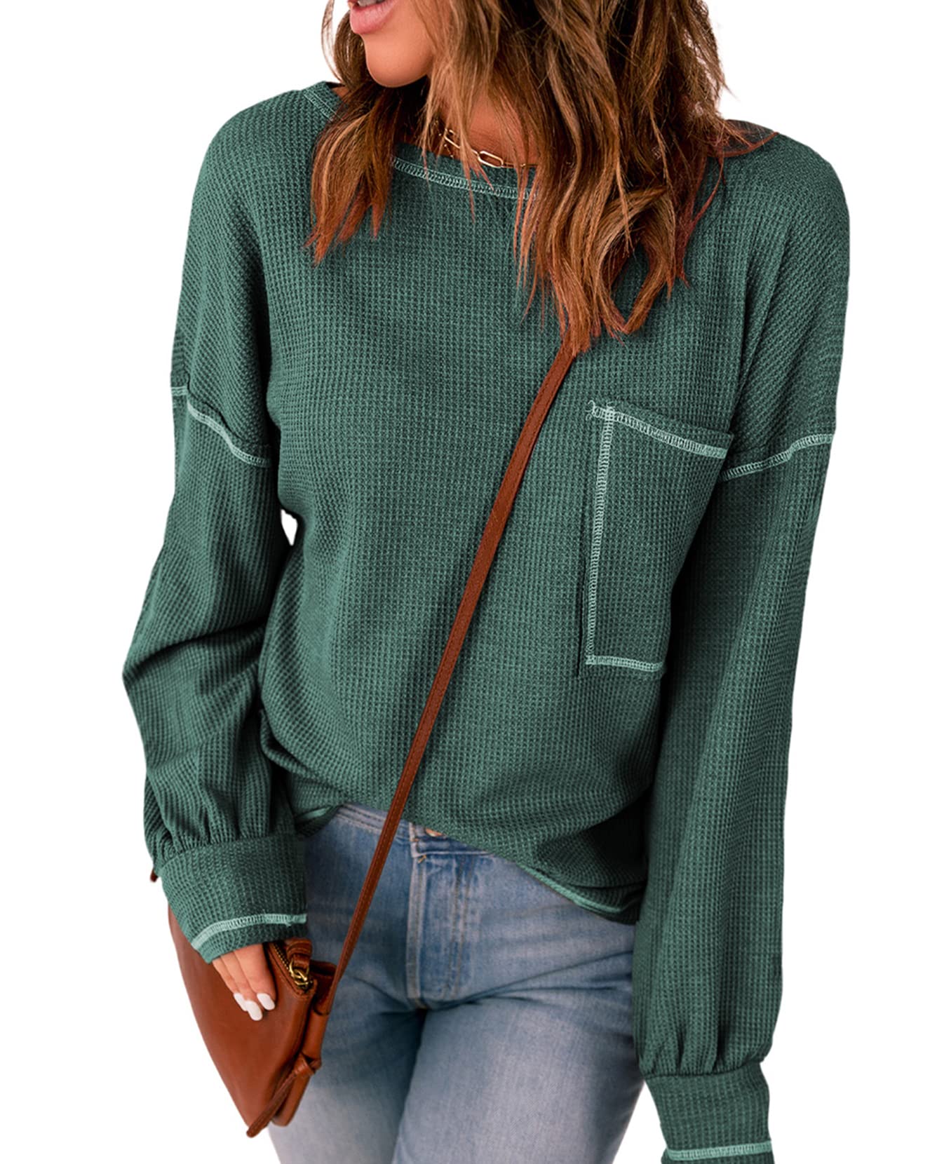 2022 Women's Green Waffle Knit Long Sleeve Pullover Top with Contrast Stitching Trim | Casual Fall Winter Sweater for Work, Date Night & Cozy Outfits
