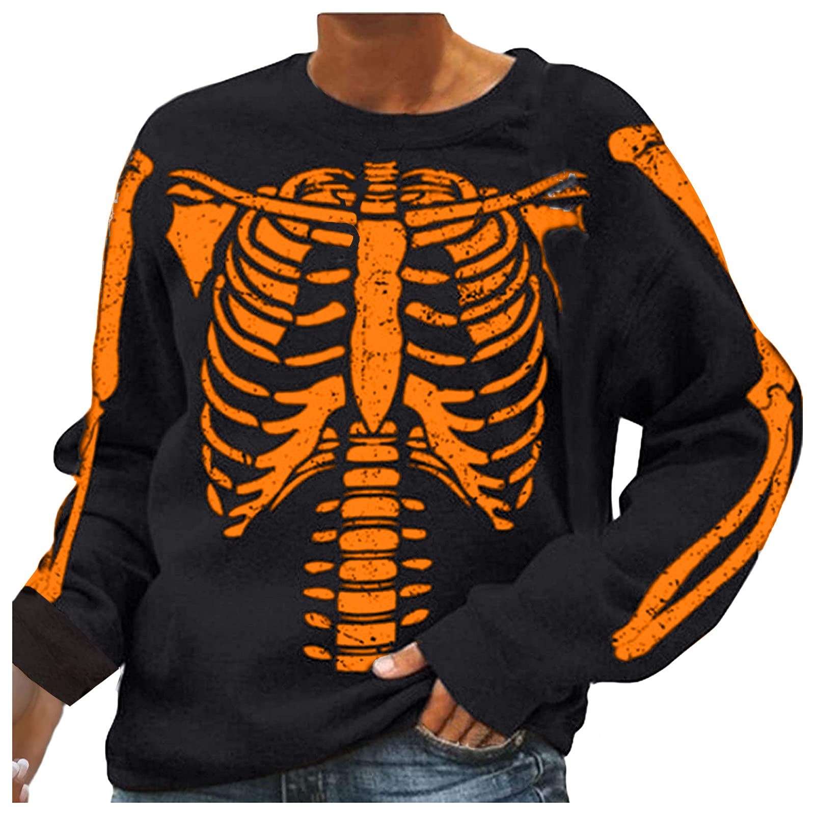Women's Long Sleeve Pullover Crewneck Sweatshirt - Skeleton Print Loose Fit Hoodie for Halloween & Casual Wear | Cozy Fall & Winter Fashion