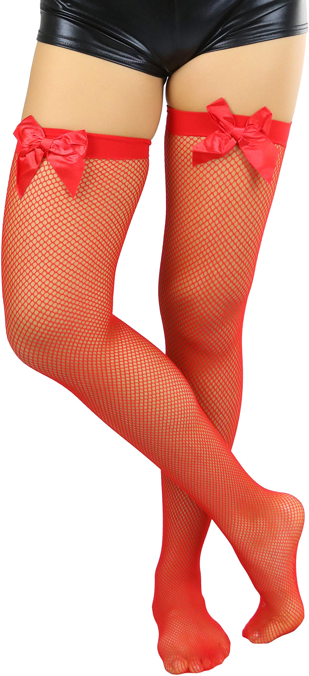 ToBeInStyle Women's Sexy Fishnet Thigh High Stockings with Satin Bow - Perfect for Valentine's Day, Cosplay & Evening Outfits