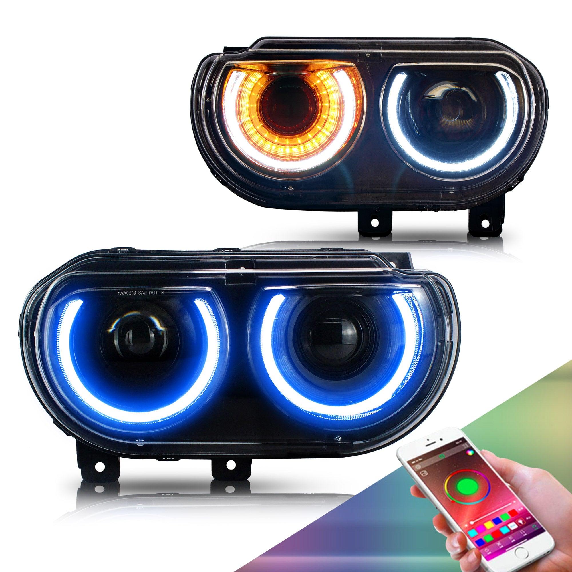 RGB LED Headlight Assembly - Dual Beam Projector Black for 2008-2014 Dodge Challenger 3rd Gen Pre-Facelift | High Visibility Night Driving & Custom Car Styling Upgrade