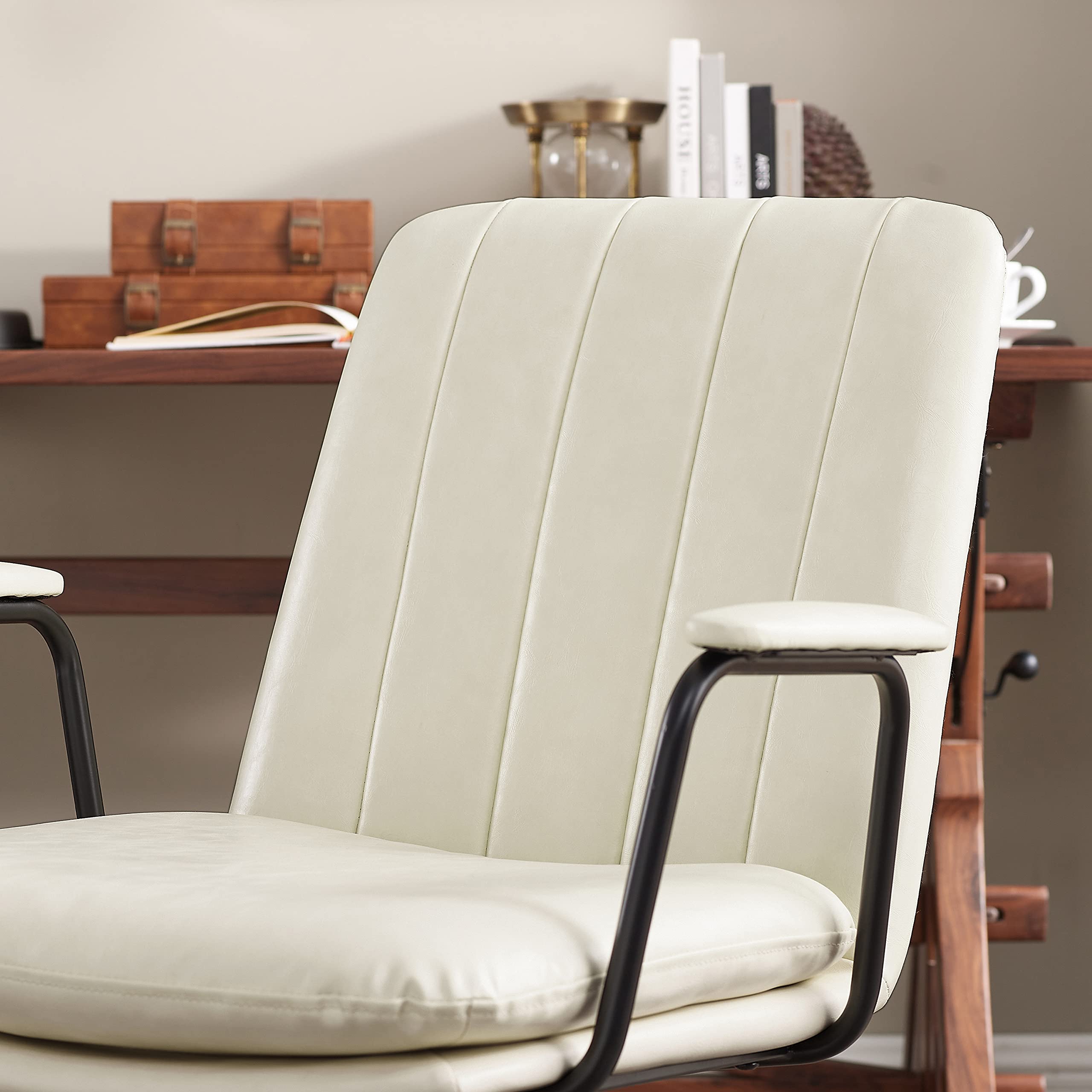 Zouron Mid Century Modern Office Chair - Ergonomic Swivel Desk Chair with PU Leather & Oak Wood Legs, Off-White (No Wheels) - Perfect for Home Office, Living Room & Workspace