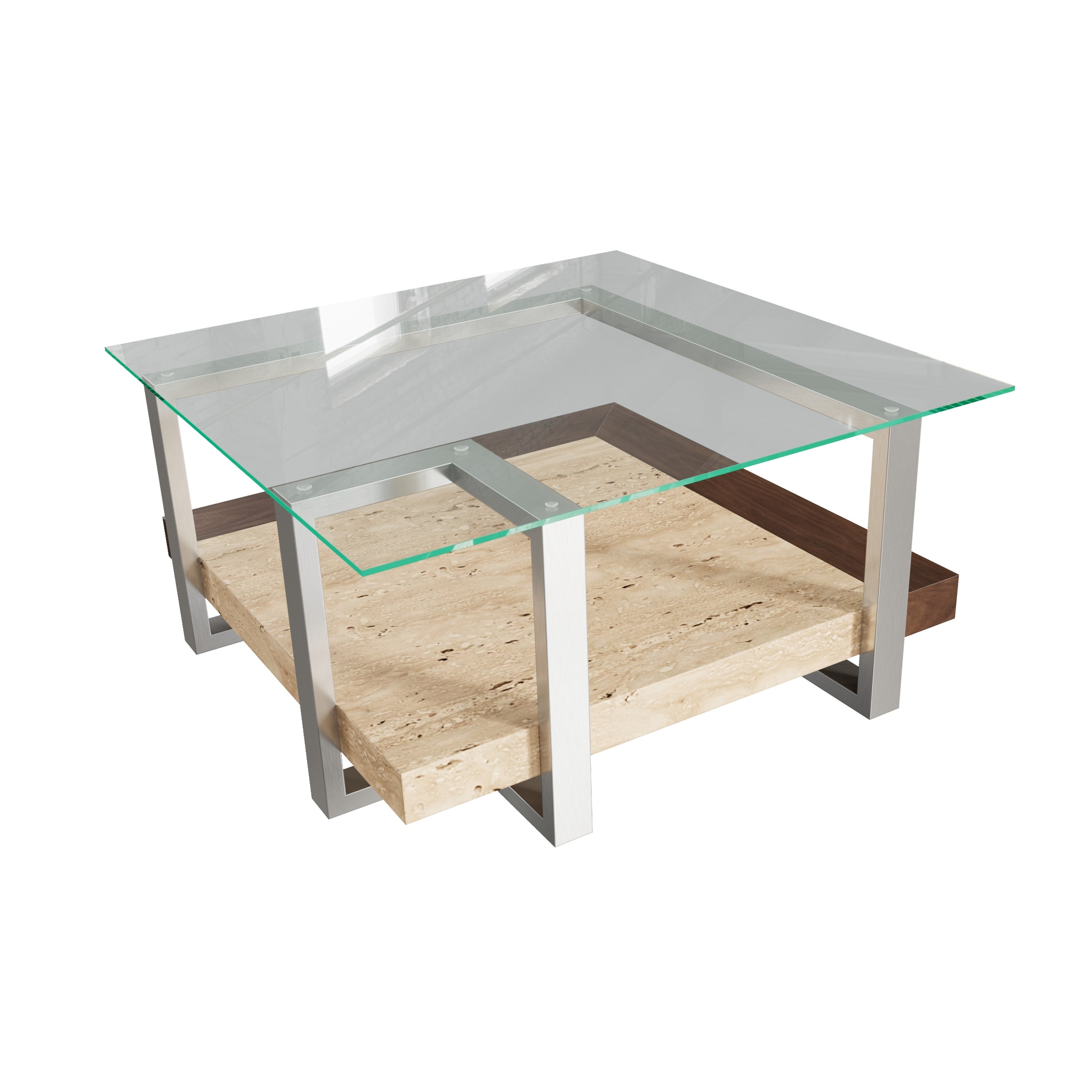 Roundhill Furniture Andes Glass Square Coffee Table with Marble Shelf - Polished Nickel Finish - Modern Living Room Centerpiece for Home & Office Decor