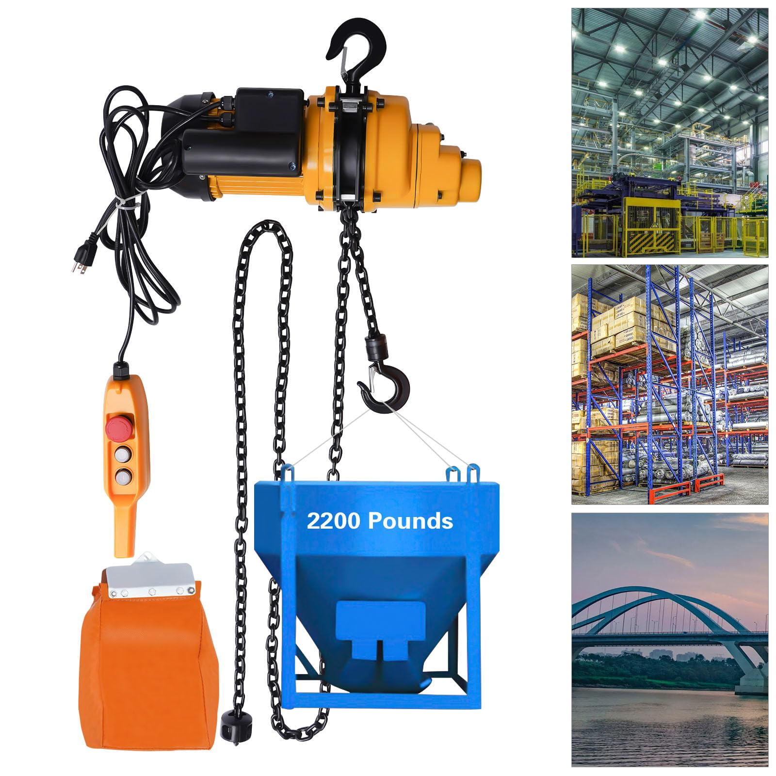 1 Ton Electric Chain Hoist - 2200 LBS Capacity with 3M Wired Remote Control, 1500W Heavy Duty Lifting System, Emergency Stop & 13ft Max Lift - 110V for Warehouse, Construction & Industrial Use