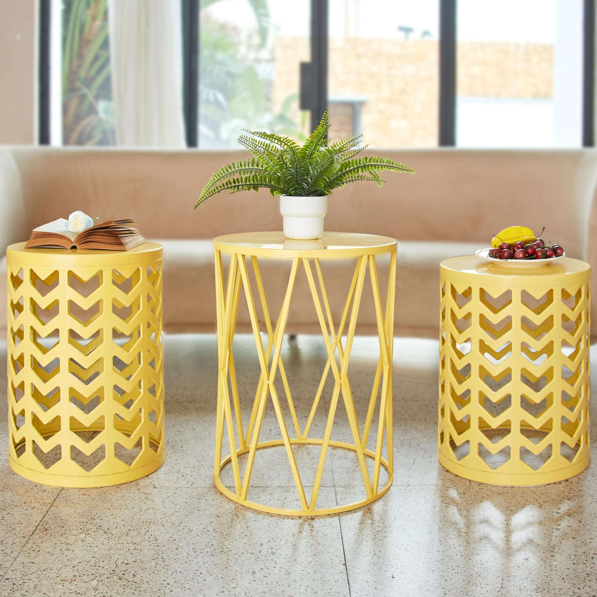 Y&M Set of 3 Round Nesting Metal Coffee Tables - Indoor/Outdoor Side Tables, End Tables, Plant Stands & Decorative Stools - Heavy Duty Yellow Garden Furniture (Perfect for Living Room, Patio, Balcony & Office Decor) - Ships from USA