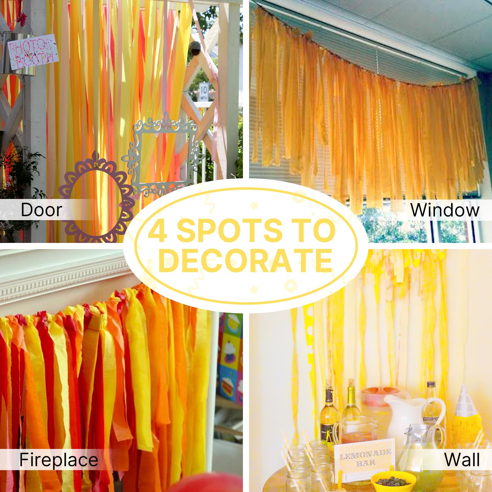 PartyWoo Extra Large Crepe Paper Streamers - 3 Rolls (393ft Total) - Orange & Yellow Crepe Paper for Party Decorations, Baby Showers, Birthday Parties & Wedding Backdrops - 1.8 Inch Wide x 131ft per Roll - DIY Craft Supplies for Ceiling Decor & Photo Booth Backgrounds