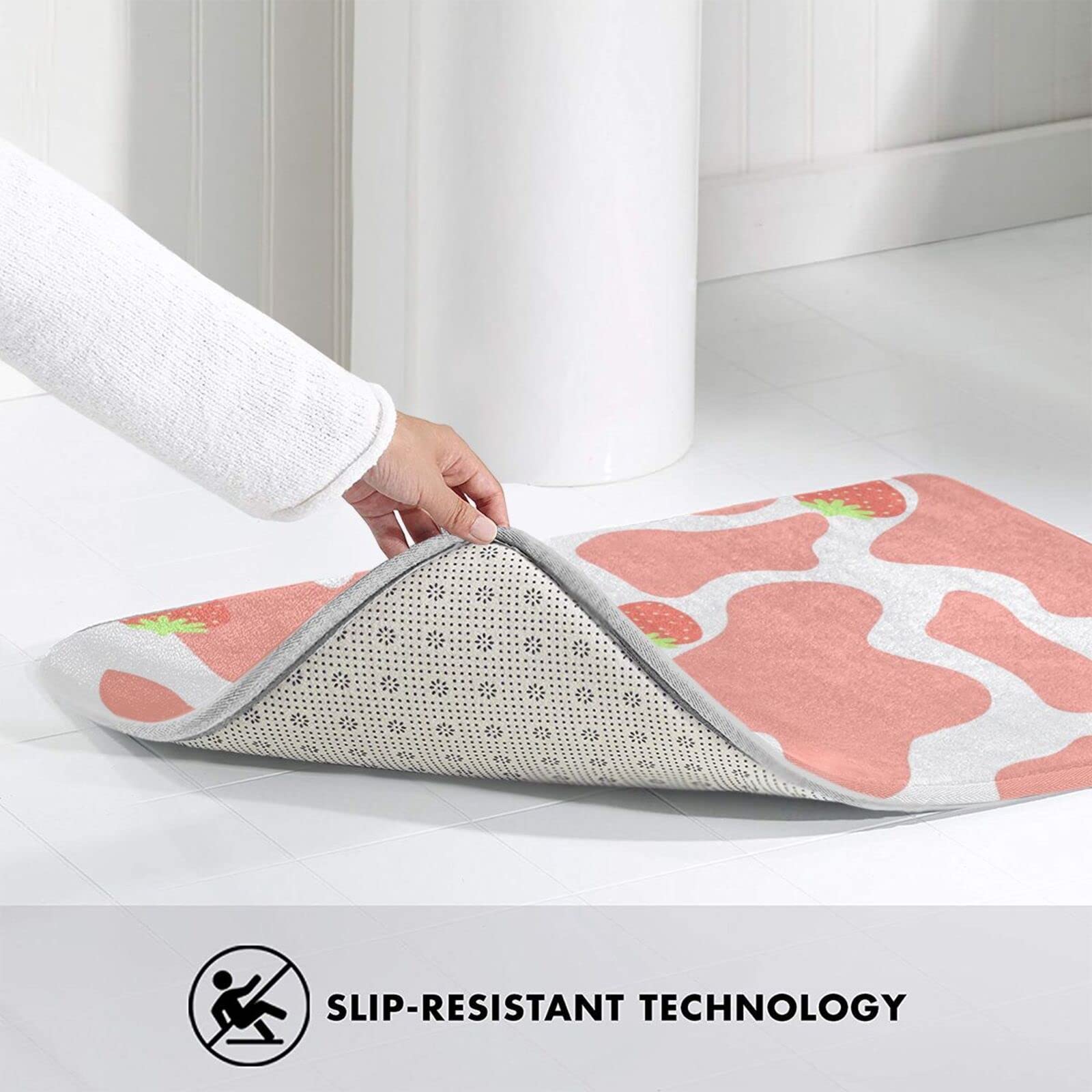 Strawberry Cow Print Pink Bath Mat - 15.7x23.5 Inch Non-Slip Plush Velvet Bathroom Rug | Water Absorbent Cute Bathtub Mat for Girls, Teens & Women | Perfect for Bathroom Decor, Shower Mats & Cozy Home Accessories