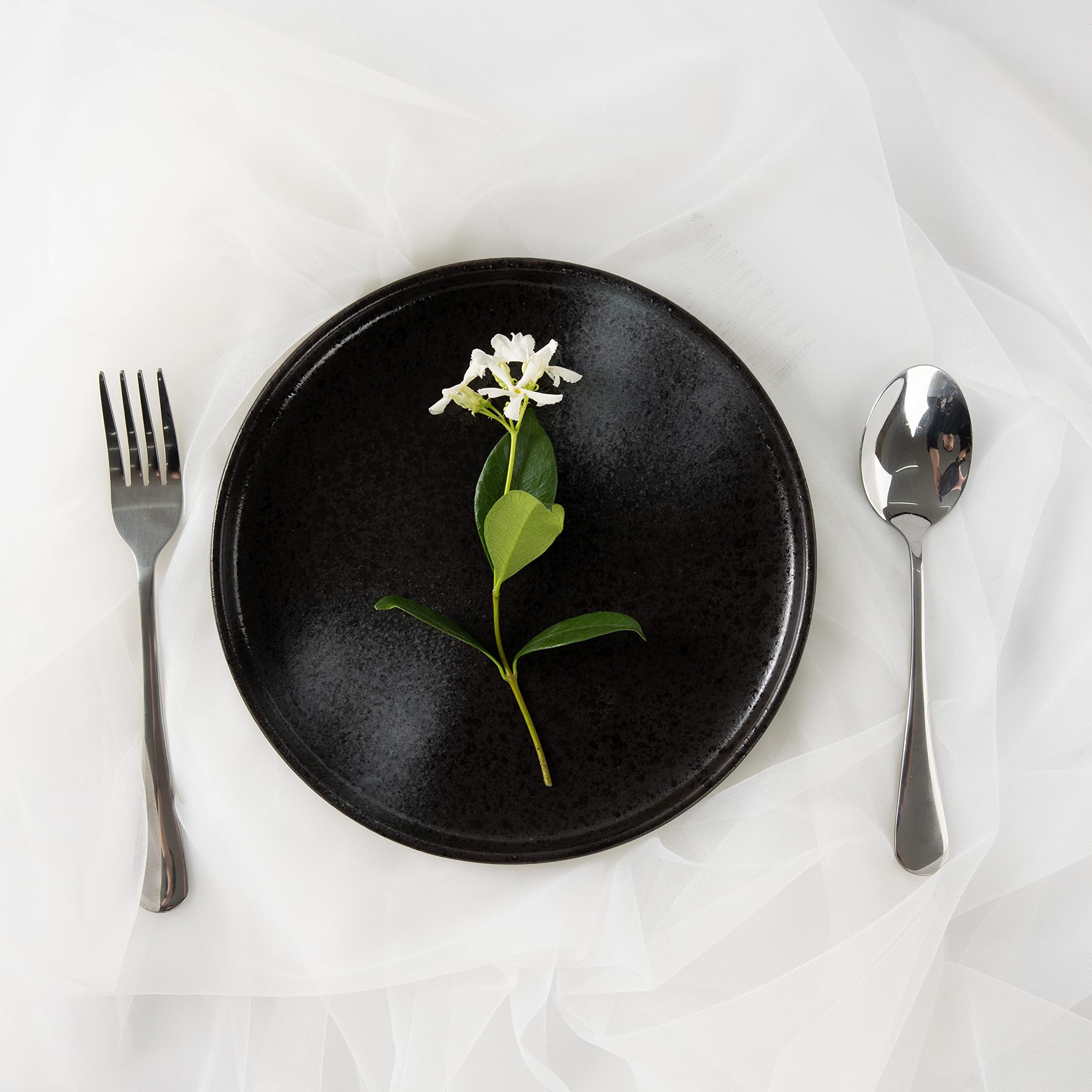 S&Q'S CERAMIC FLAT DESSERT & SALAD PLATES - 8 Inch Set of 6 - Scratch Resistant Black & Grey - Microwave, Oven & Dishwasher Safe - Perfect for Appetizers, Small Dinners, Parties & Home Decor