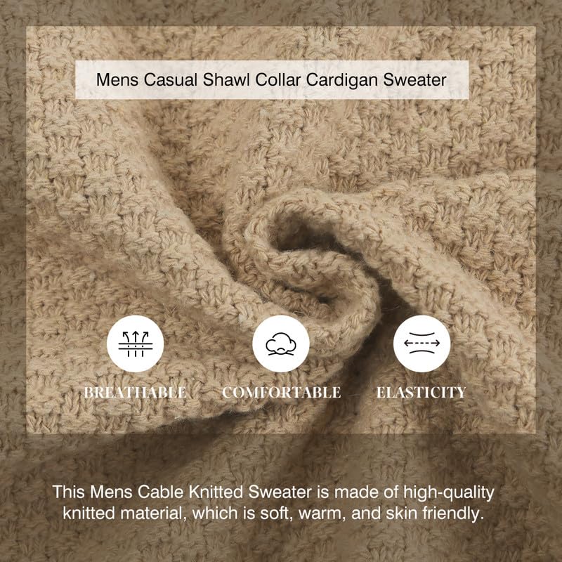 Men's Slim Fit Cable Knit Shawl Collar Cardigan Sweater with Pockets - Casual Button Up Pullover for Fall & Winter - Perfect for Office, Date Night and Weekend Outings