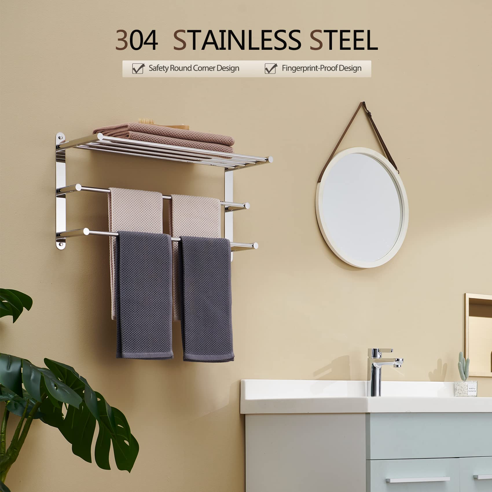 KOKOSIRI Double Towel Rack with Shelf - Wall Mounted Bathroom Storage Organizer, Polished Chrome (B5003CH) - Perfect for Small Bathrooms & Space-Saving Organization