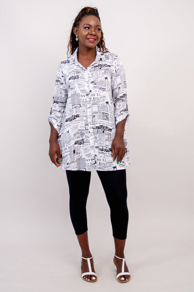 Celine Blouse Women's French News Print Linen Bamboo Shirt - Elegant Summer Top for Office, Date Night & Casual Outings