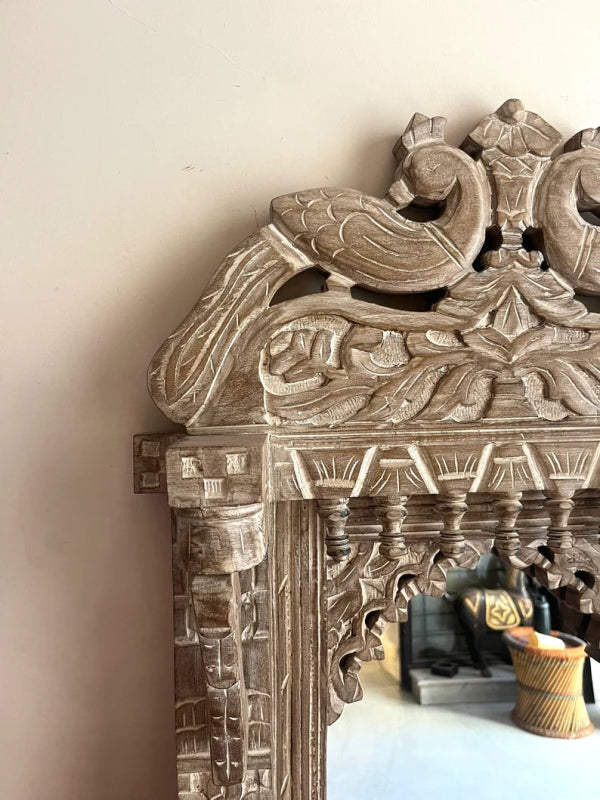 Hand Carved Peacock Design Solid Wood Mirror Frame - Elegant Wall Decor for Living Room, Bedroom & Bathroom