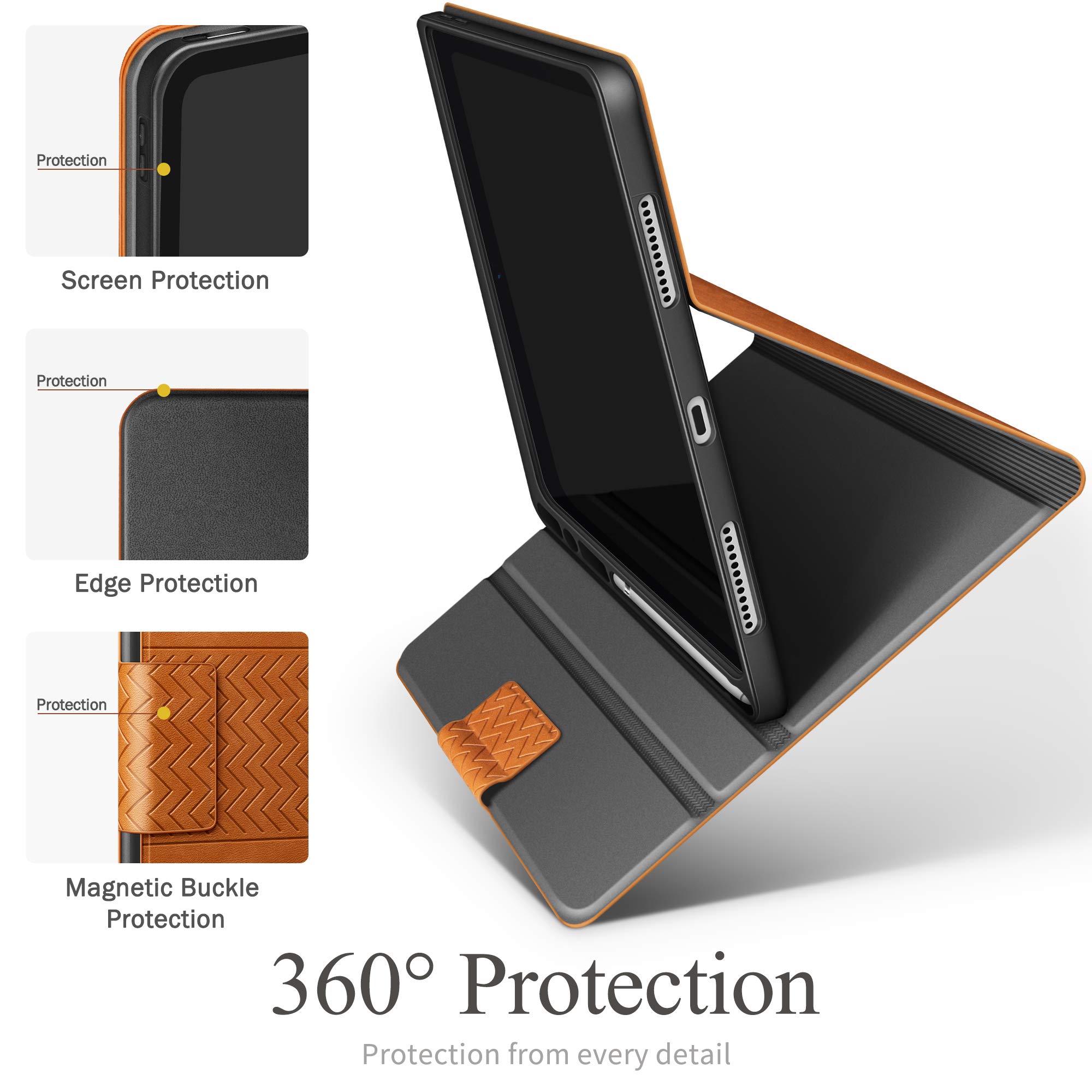 Premium Vegan Leather iPad Air 3 (2019) & iPad Pro 10.5 (2017) Case with Built-in Apple Pencil Holder, Auto Sleep/Wake, Adjustable Stand - Perfect for Work, Study & Travel (Brown)