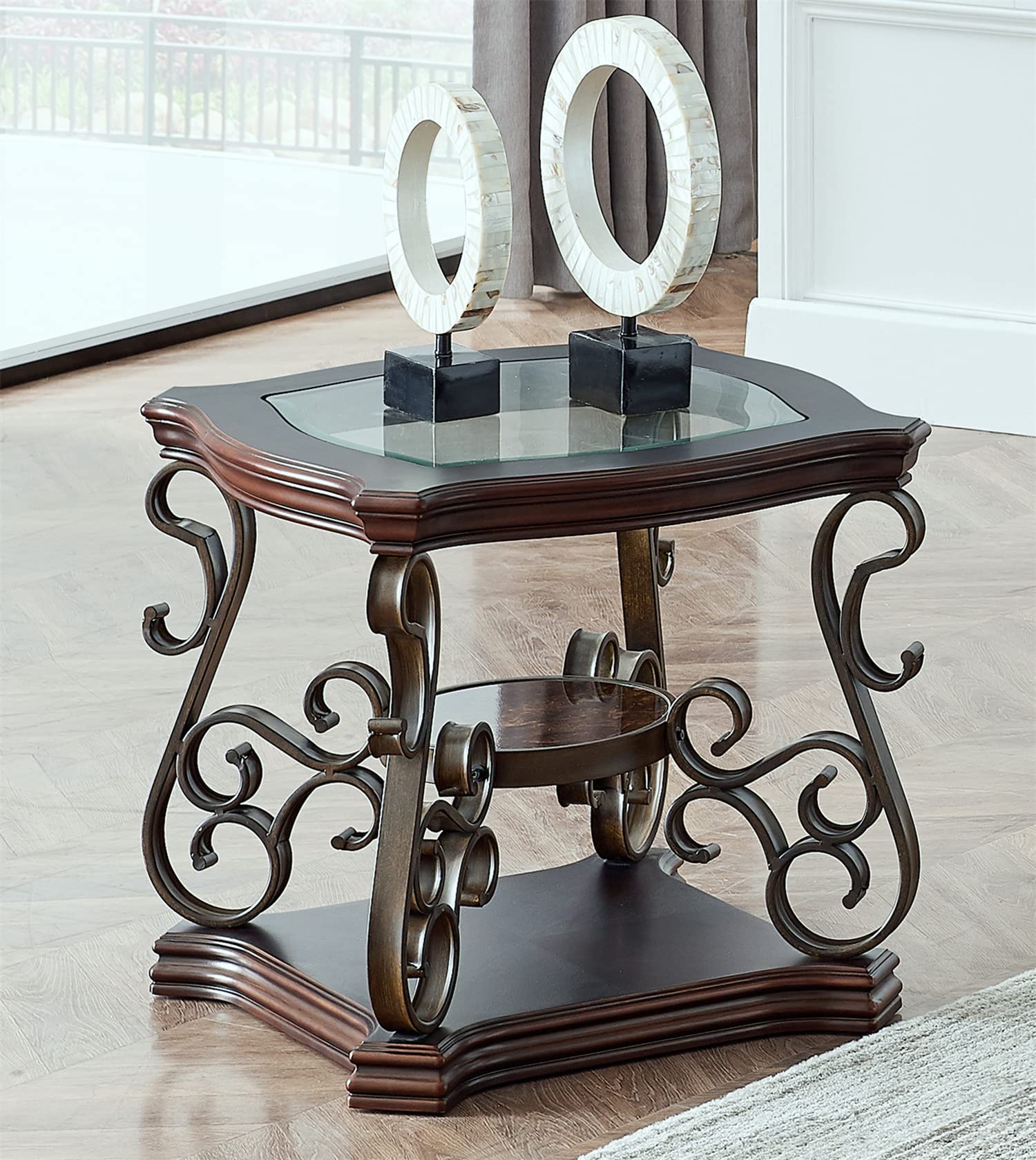 Henf Traditional Solid Wood Accent End Table - Rustic 3-Tier Side Table with Storage Shelf & Tempered Glass Top - Mid-Marble Shelf Nightstand for Living Room, Bedroom & Office Use