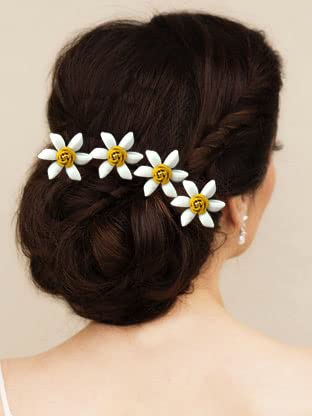 Elegant Artificial Jasmine Flower Hair Pin with Pearls - Bridal Hair Accessories for Weddings, Prom & Special Events - Yellow Floral Bun Pins (Pack of 8)
