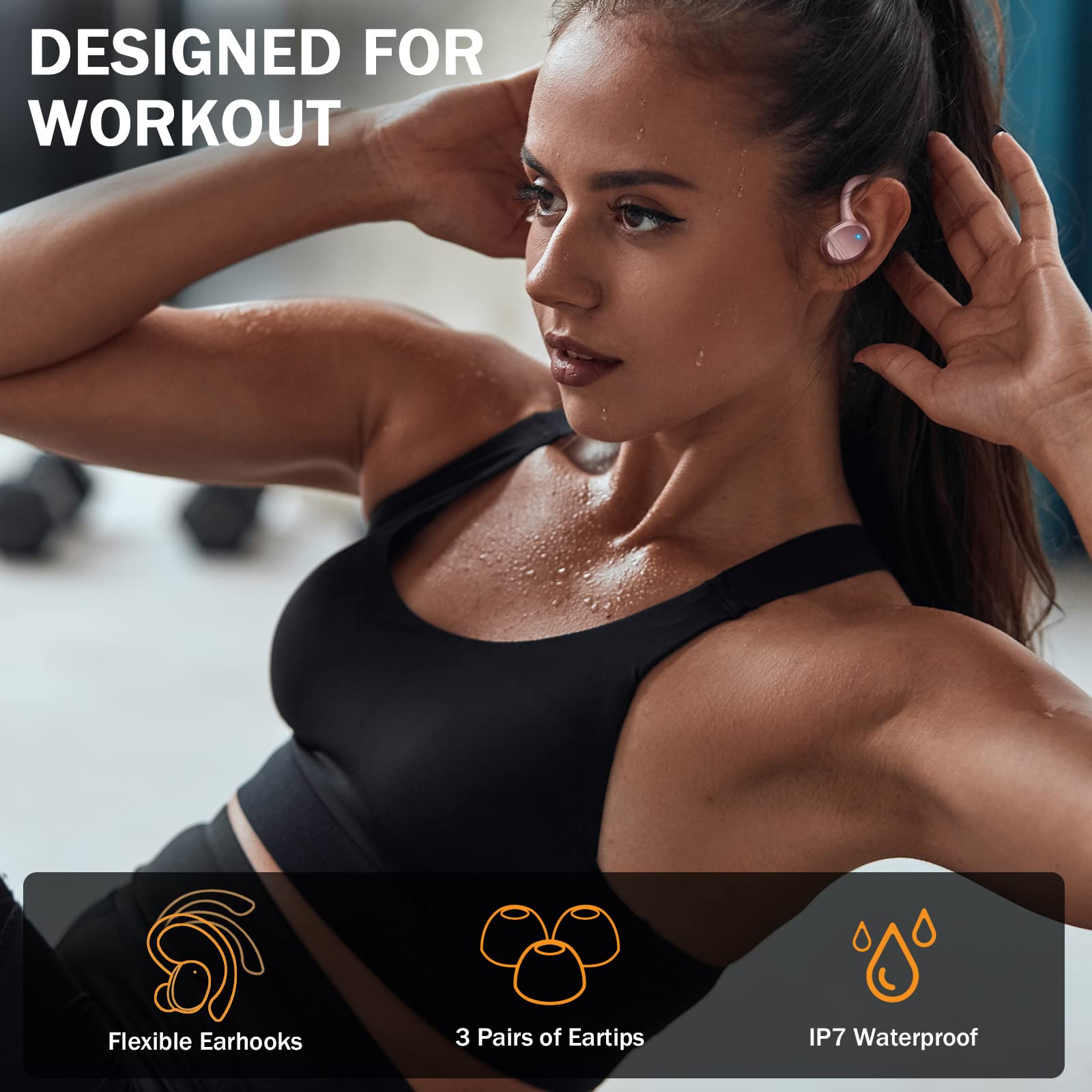 Wireless Bluetooth 5.3 Earbuds with Hi-Fi Stereo Bass, 48H Playtime & Noise Cancelling - IP7 Waterproof Sports Earphones with Earhooks for Running, Workout, Gym | Compatible with Android, iOS, Laptop & Tablet