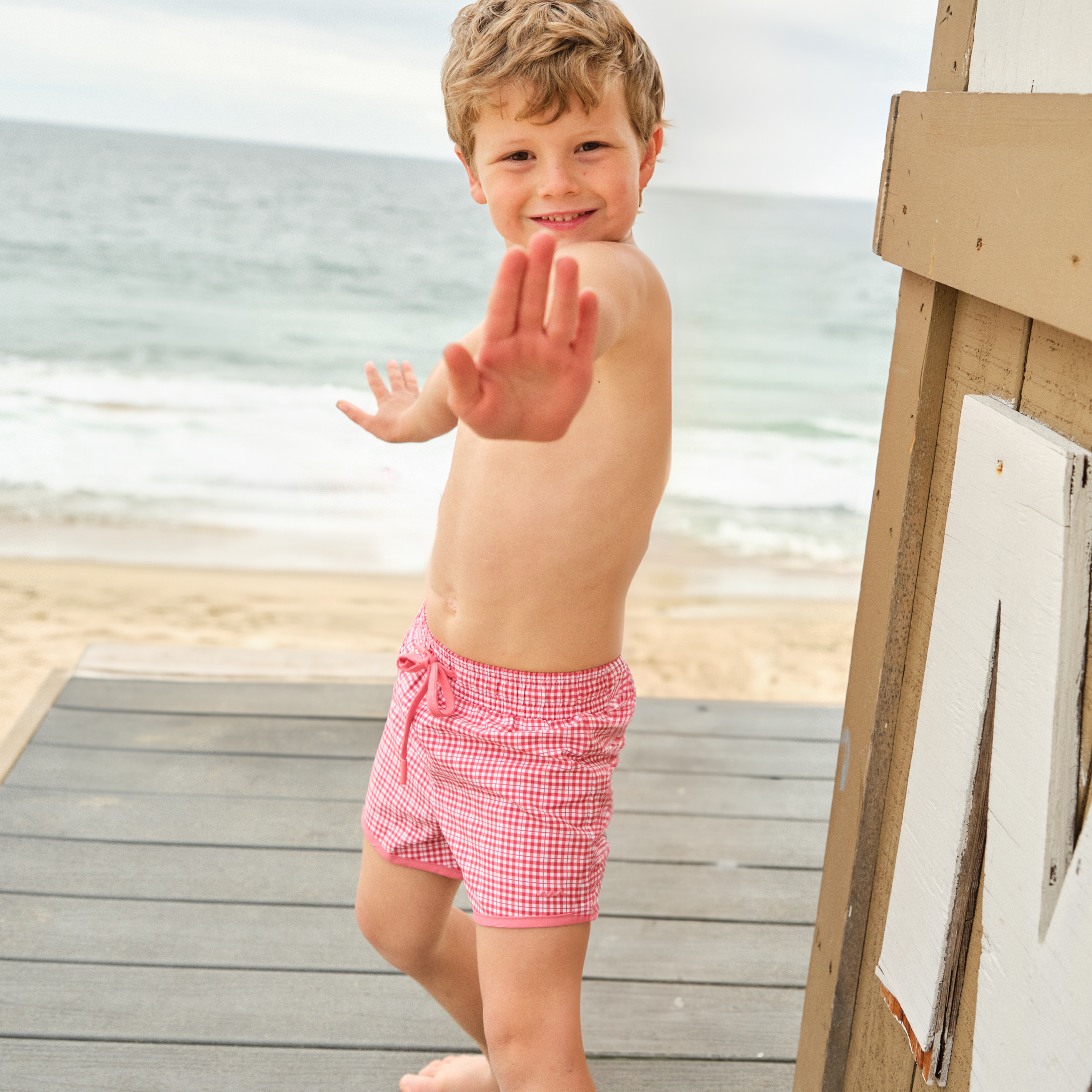 Boys Poppy Gingham Swim Trunks - Quick-Dry Board Shorts for Beach, Pool & Summer Activities