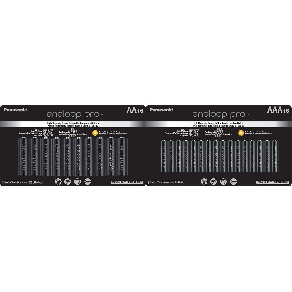 Panasonic Eneloop Pro AA & AAA High Capacity Rechargeable Batteries - 16 Pack Ni-MH Pre-Charged (BK-3HCCA16FA & BK-4HCCA16FA) for Digital Cameras, Flashlights, and Wireless Devices