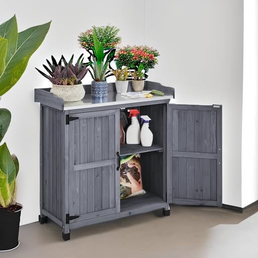 Yaheetech Outdoor Garden Potting Bench Table - Solid Wood Planting Workbench with Large Storage Space & Metal-Plated Tabletop - Gray - Perfect for Gardening, Planting, and Organizing Tools (Indoor/Outdoor Use)