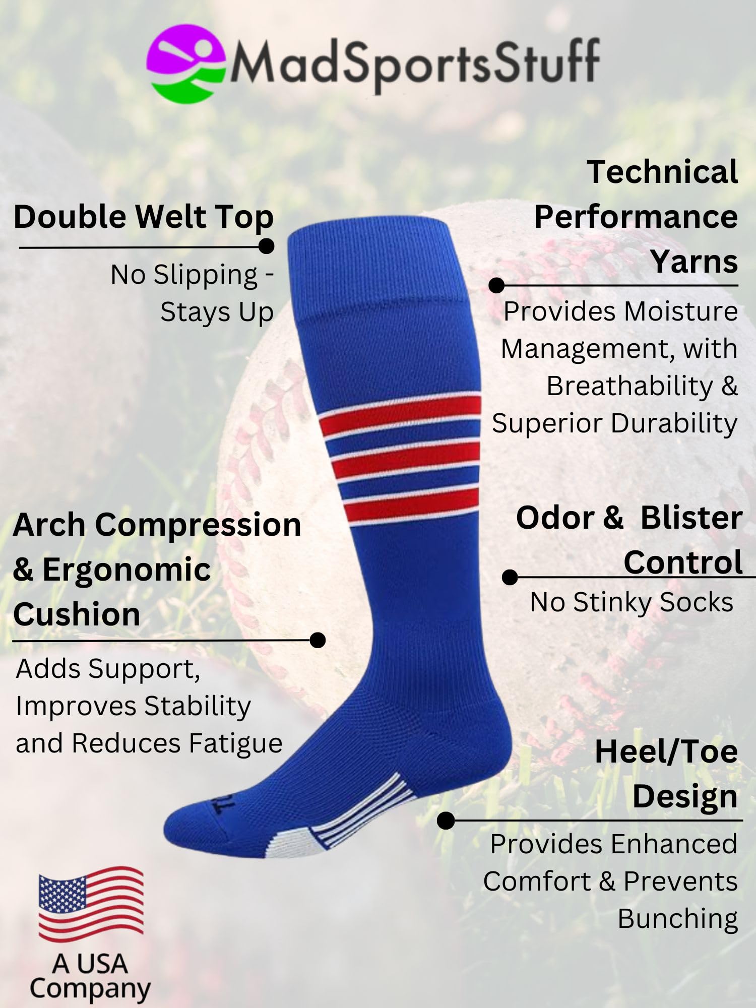 MadSportsStuff Striped Baseball & Softball Socks - Long Over-the-Calf Athletic Socks for Men, Women, Boys & Girls - Perfect for Games, Practice & Team Sports