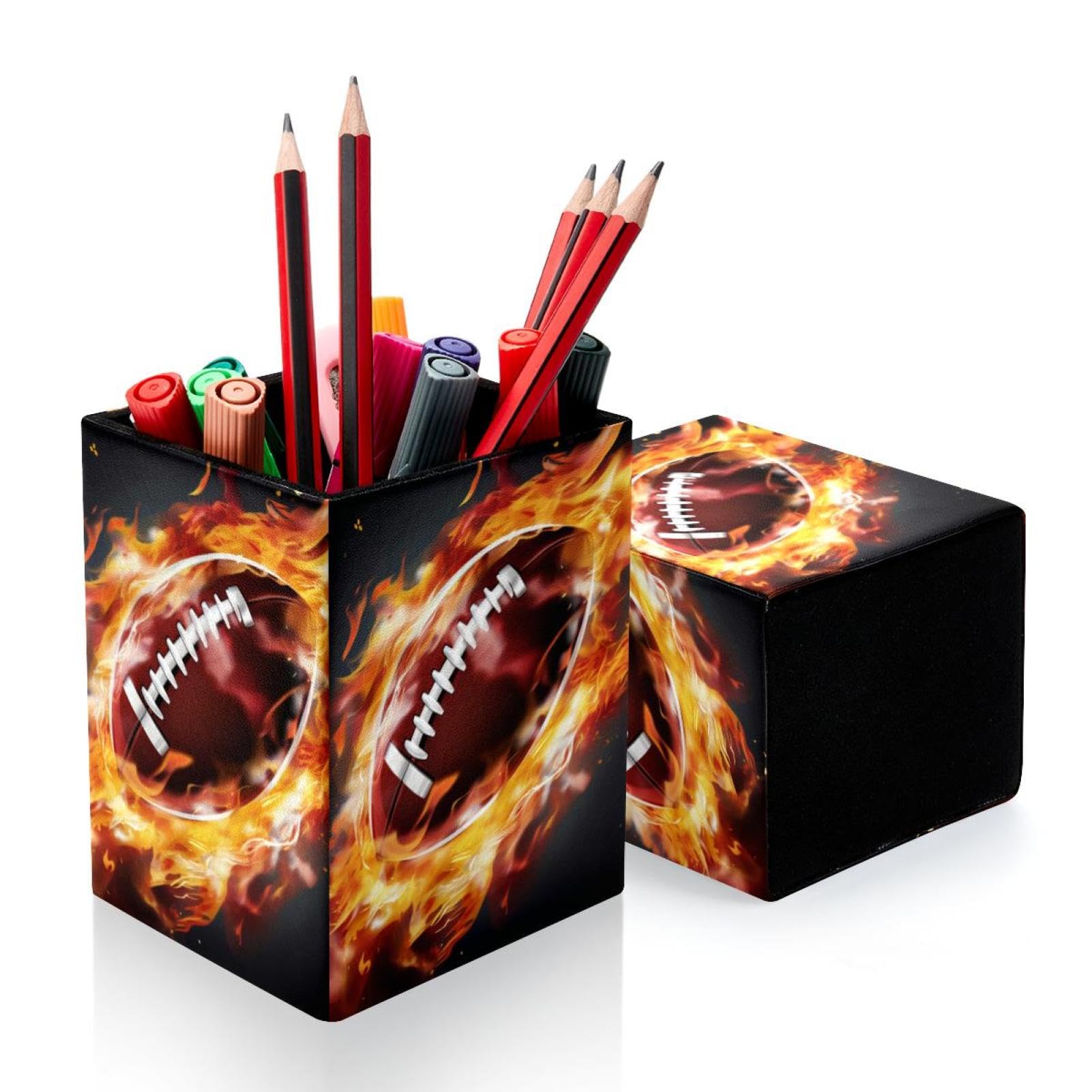 Premium Desk Pen Holder & Pencil Organizer - American Football & Fire Design - Office Supplies for Home, School & Workplace Organization