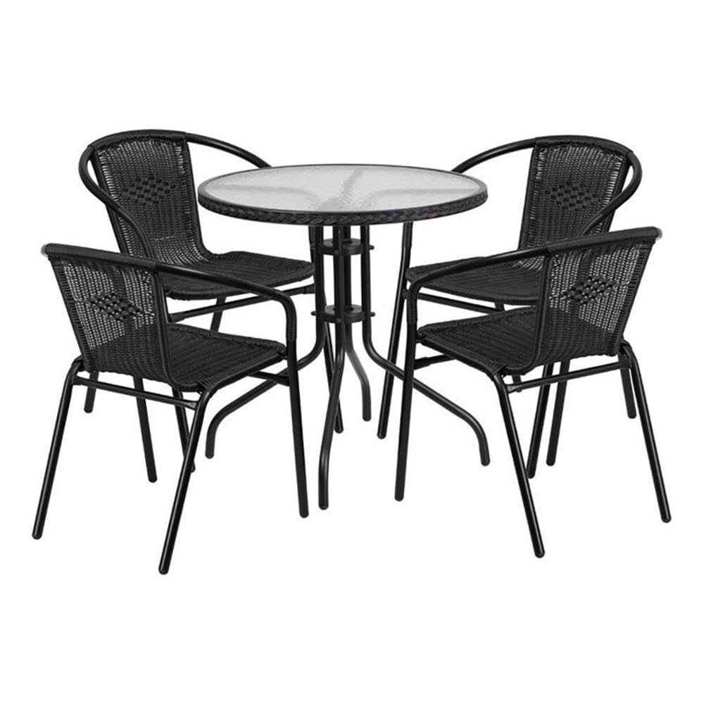 BOWERY HILL 5-Piece Black Rattan and Glass Round Patio Dining Set - Outdoor Furniture for Garden, Poolside & Backyard Entertaining