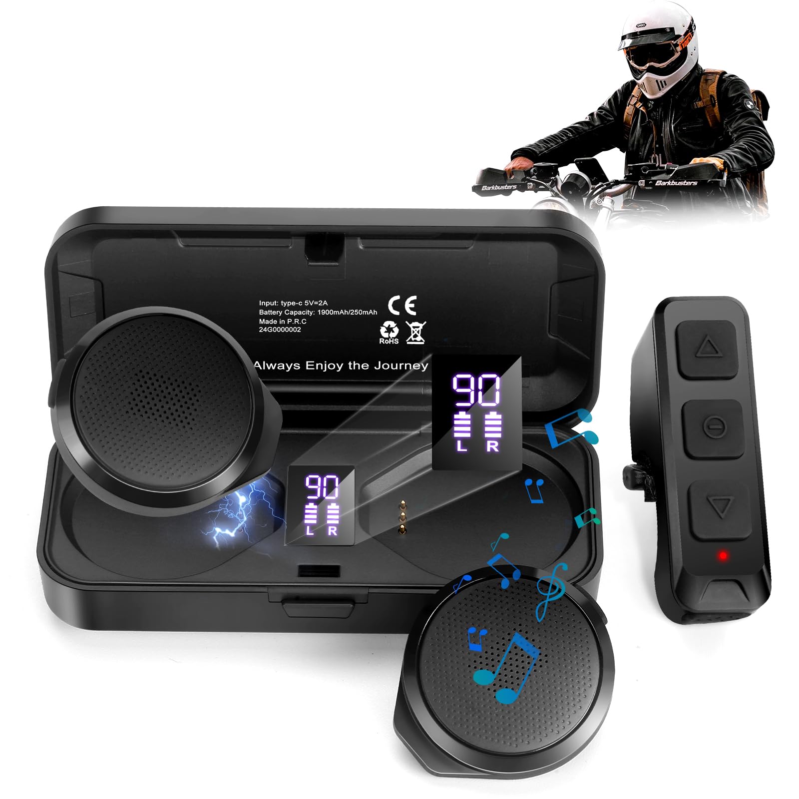 True Wireless Motorcycle Helmet Headset with Remote Control & LED Display - No Installation Needed, 50+ Hours Playtime with Charging Case - Perfect for Outdoor Sports, Motorcycling, Skiing & Climbing Adventures