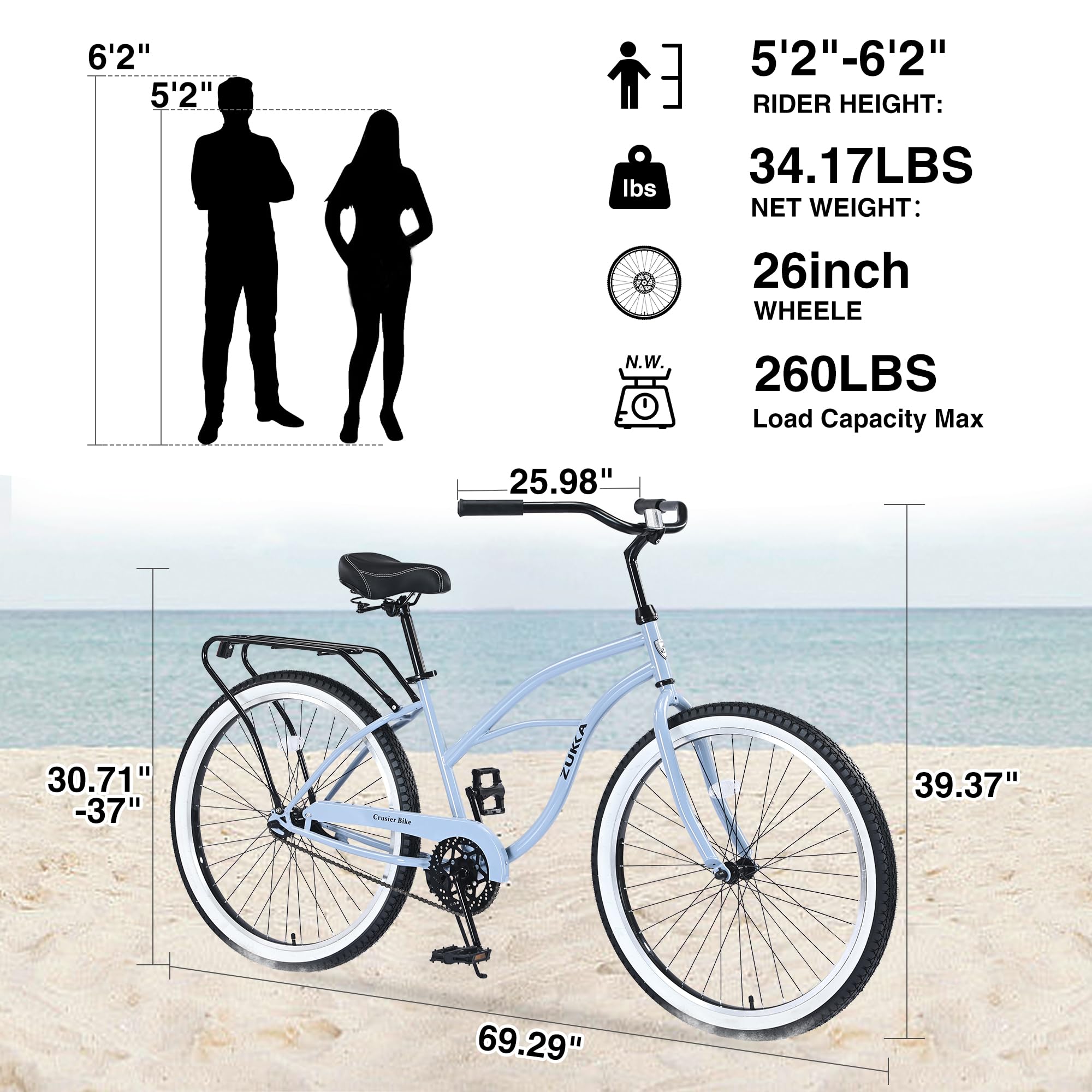 26 Inch 7-Speed Adult Beach Cruiser Bike for Men - Hybrid Bicycle with Stable Ride for Riders 5' to 7' - Perfect for Coastal Rides, Commuting & Leisure Cycling (Black)
