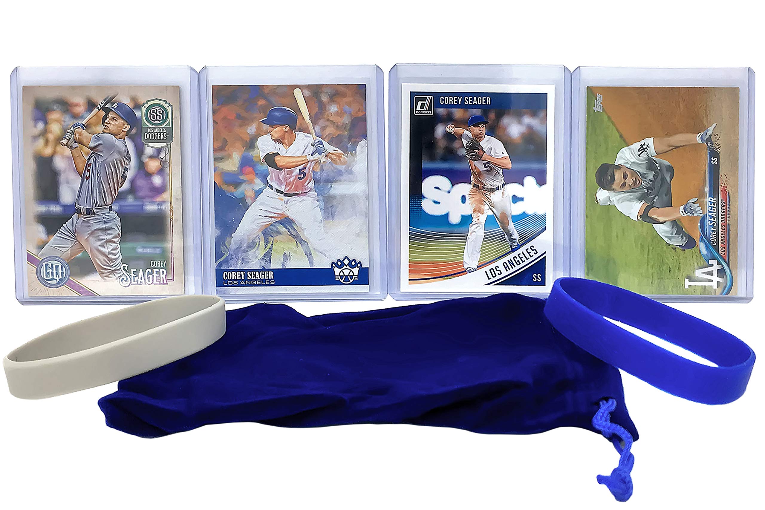 Corey Seager Los Angeles Dodgers Baseball Cards (4) & Wristbands Gift Set - MLB Trading Cards Collection for Fans, Sports Memorabilia for Collectors - Perfect for Gifts, Display, and Fantasy Baseball