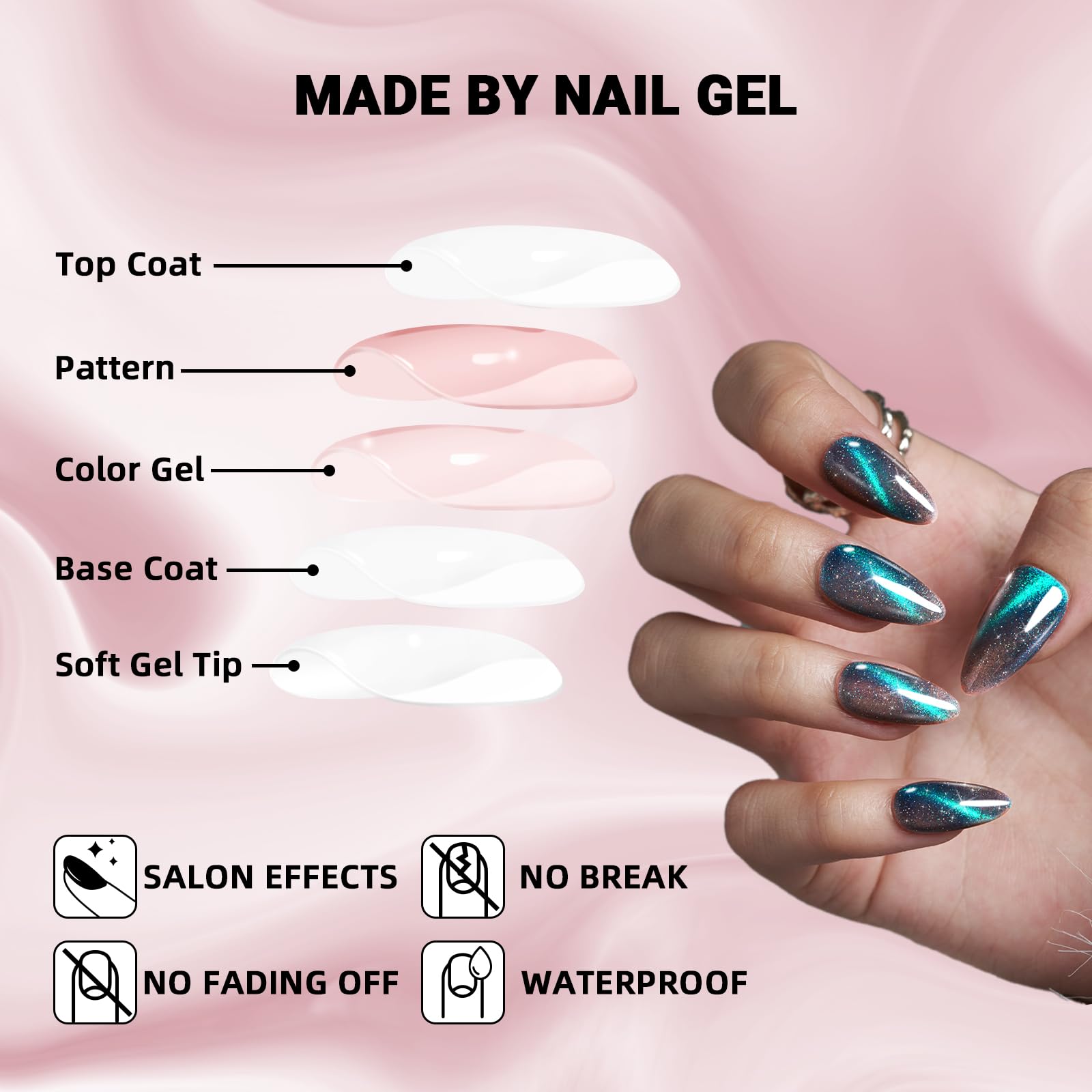 Cat Eye Press on Nails Almond Shape - Grey Medium Fake Nails with Green Glitter Design, Glossy Salon-Quality Magnetic Gel Nails (24 Pcs Kit, 12 Sizes) for Women & Girls - Perfect for Parties, Weddings, Date Nights & Special Occasions