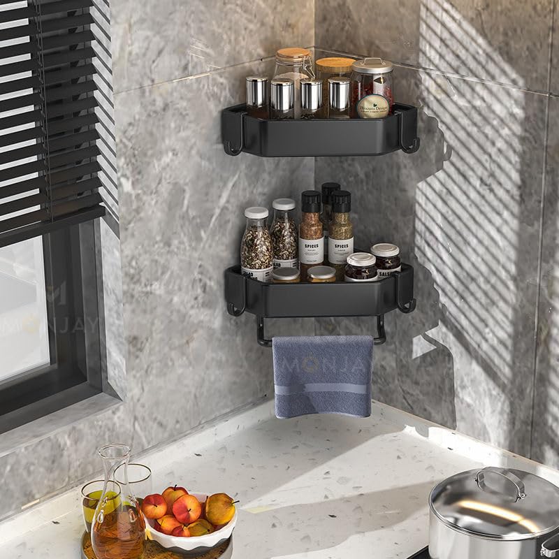 MONJAY Self-Adhesive Aluminum Corner Shelf - Bathroom Organizer with Strong Adhesive, Space-Saving Storage Rack for Shower, Kitchen, Laundry Room - Perfect for Toiletries, Sponges & Cleaning Supplies (King Size)