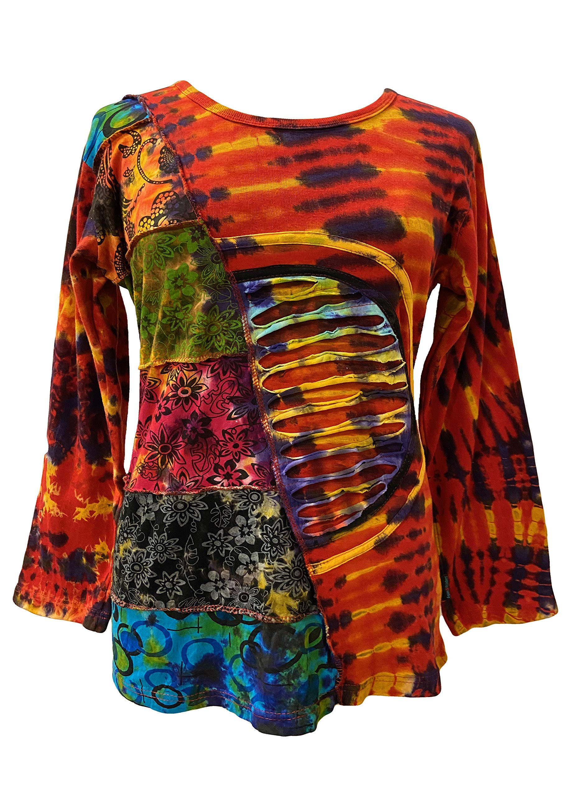 Agan Traders 2025 Spring Women's Bohemian Tie-Dye Knit Sweatshirt - Embroidered Long Sleeve Patchwork Razor Cut Blouse | Casual Wear, Festival Outfit, Street Style Fashion