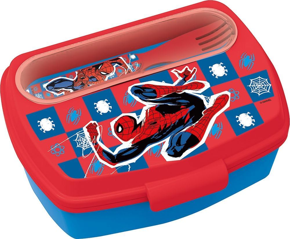 Marvel Spider-Man Kids Plastic Lunch Box with Spoon and Fork | Bento Sandwich Container for School, Picnic & Travel | Official Licensed Spiderman Merchandise