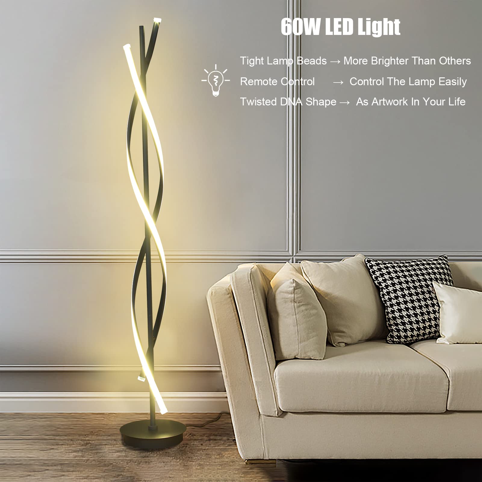 61-Inch Tall 60W DNA Spiral LED Floor Lamp - Modern Nordic Style Standing Light with Remote Control (3 Color Temperatures, Black) | Perfect for Living Room, Bedroom & Office Lighting Decor