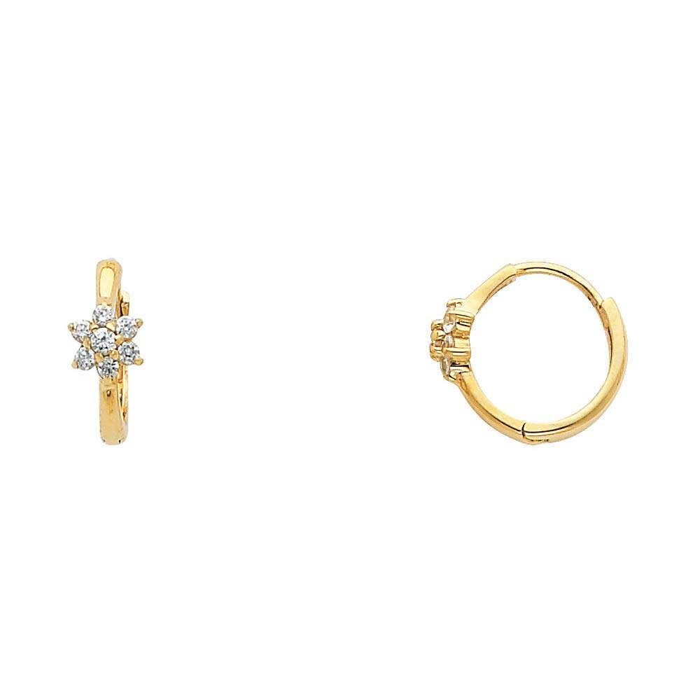 14K Yellow Gold Flower Cubic Zirconia Huggie Earrings - 10x10mm Simulated Diamond Stud Earrings for Women | Elegant Jewelry Gift for Birthday, Anniversary & Special Occasions