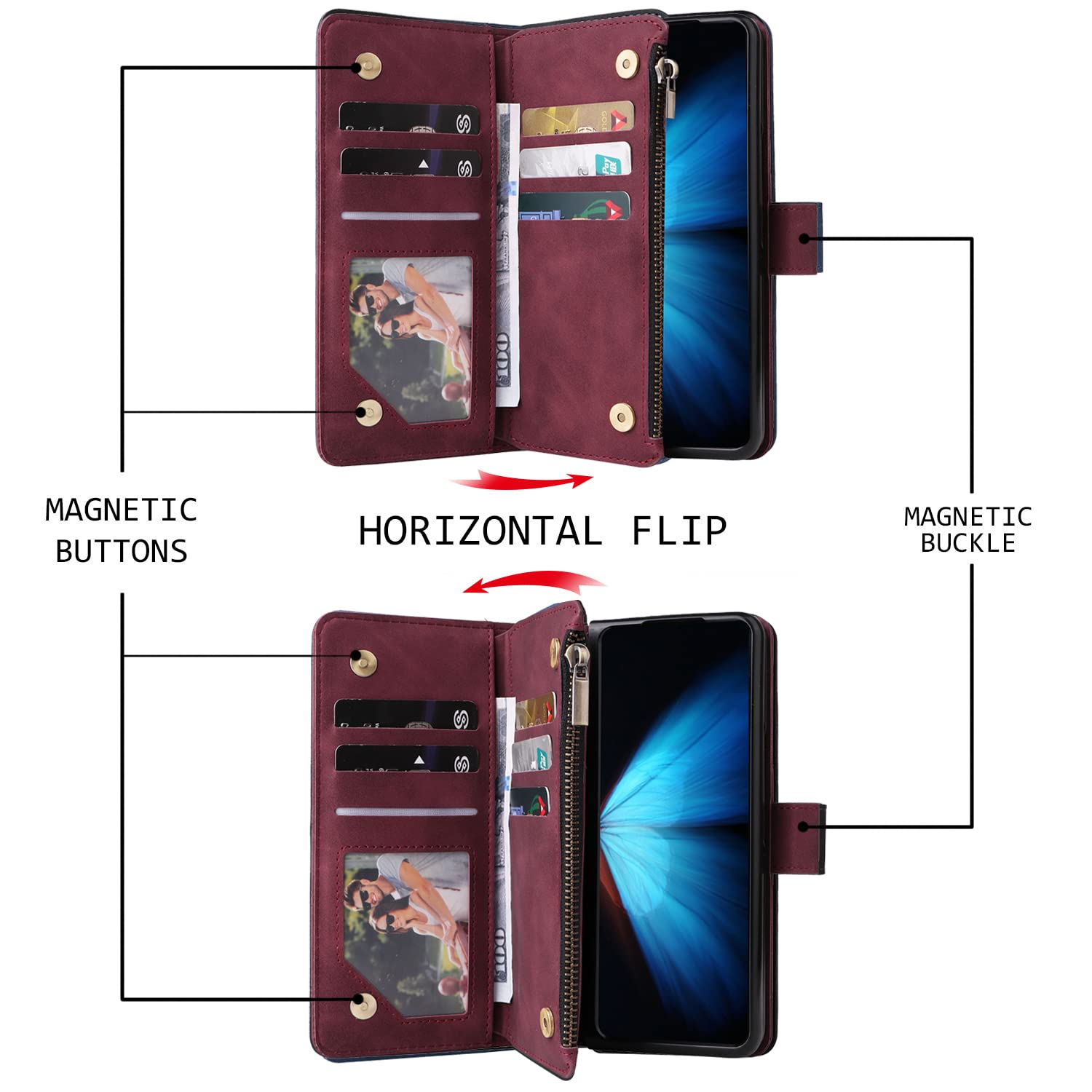Samsung Galaxy Z Fold 4 Magnetic Leather Wallet Case with 6 Card Slots & Hand Strap - Shockproof Flip Cover with Zipper Pocket & Stand Feature for Z Fold 4 - Perfect for Business, Travel & Daily Use (Red)