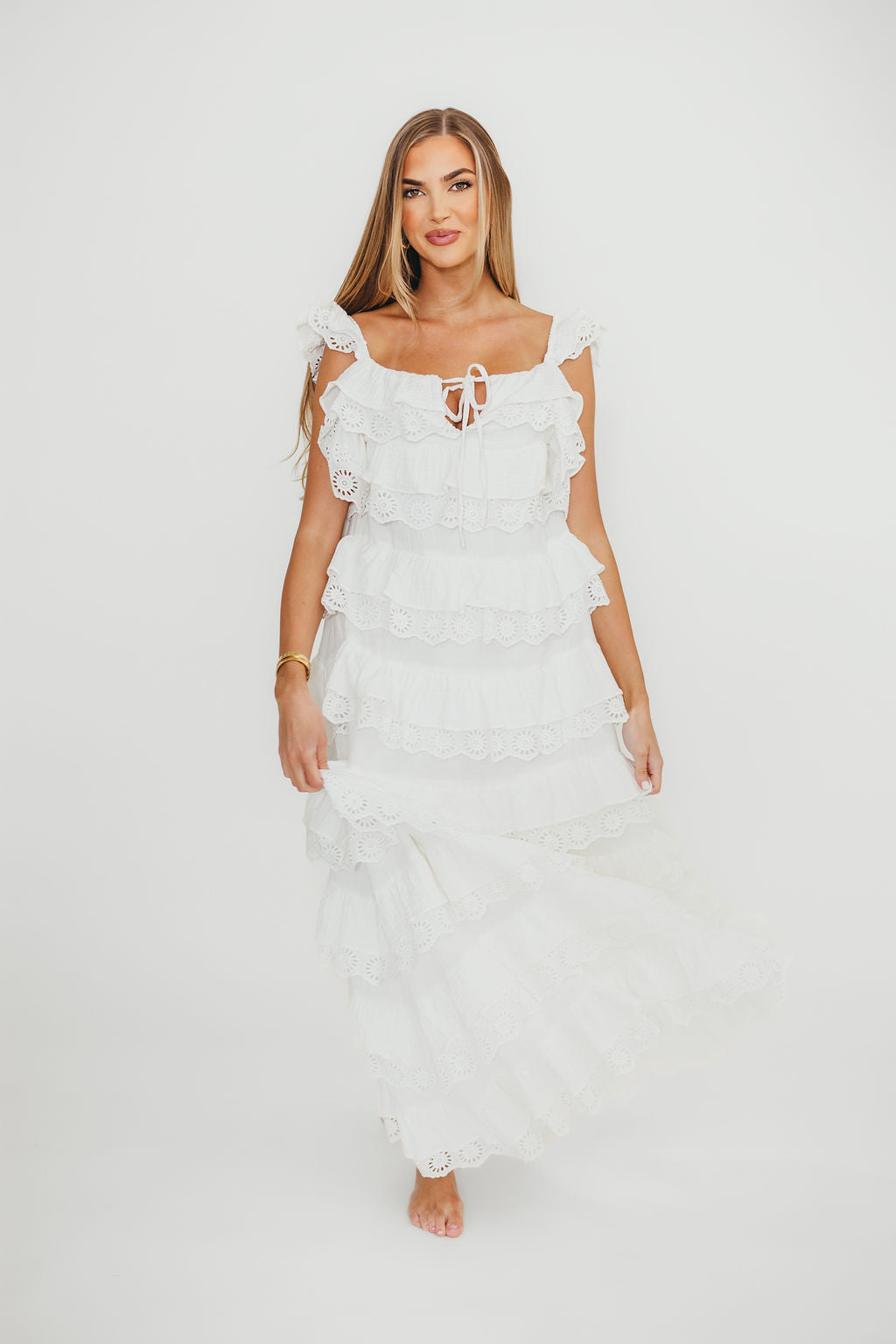 Mikayla 100% Cotton Lace and Gauze Contrast Tiered Maxi Dress in Off White - Elegant Boho Summer Beach Wedding Party Dress for Women