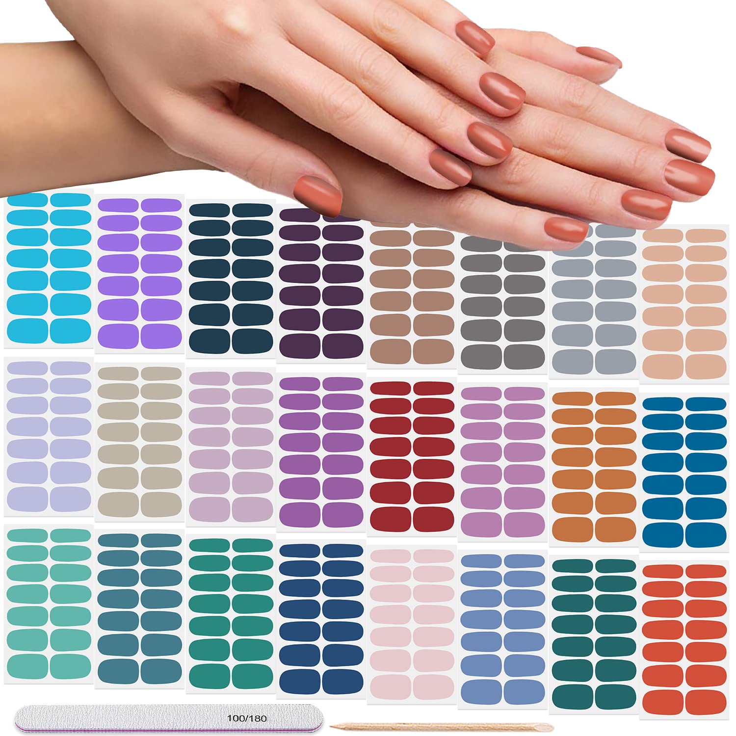 DANNEASY 24 Sheets Nail Polish Stickers - Full Cover Nail Wraps for Women, Solid Color Gel Nail Strips, Self-Adhesive Fingernail Stickers Manicure Kit with Nail File & Cuticle Stick - Perfect for Home Manicures, Parties & Gifts