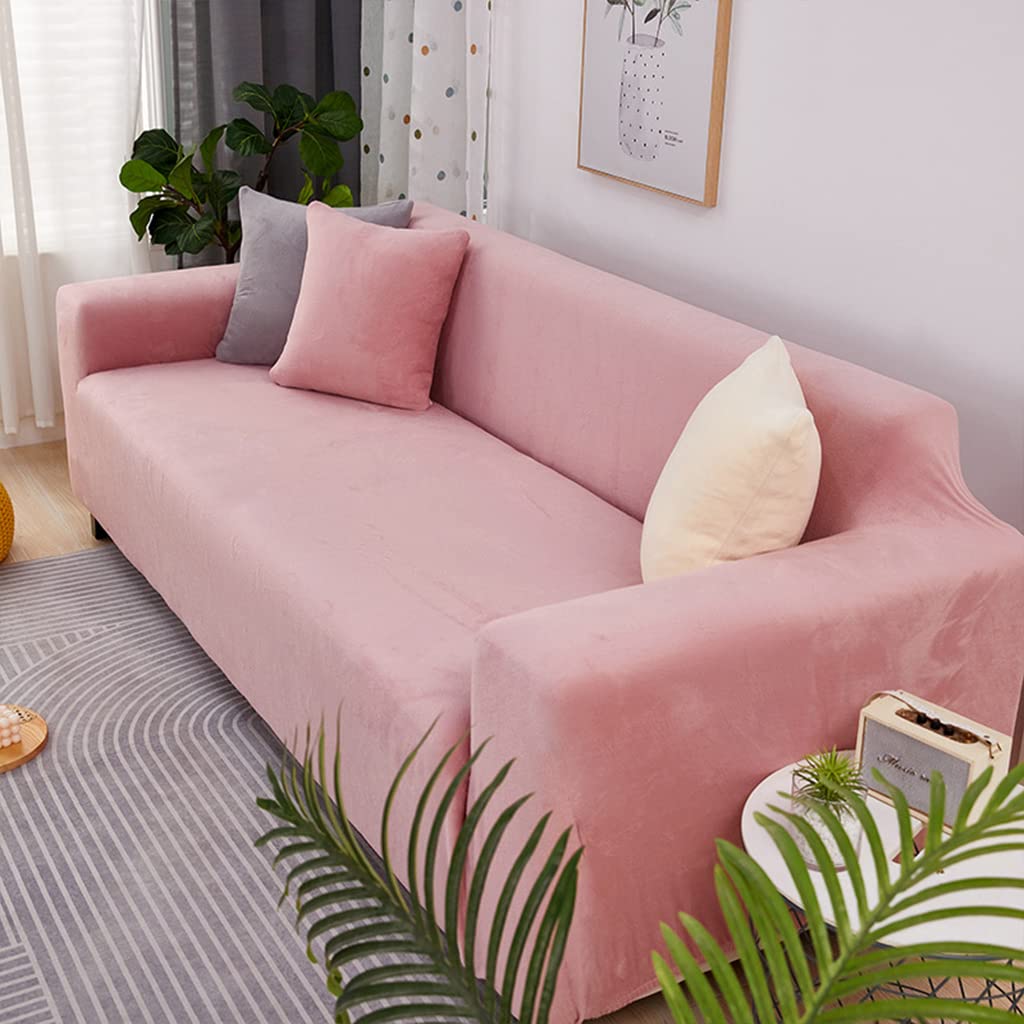 Anti-Wrinkle Velvet Sectional Sofa Slipcover - Thick Plush Suede L-Shaped Stretch Couch Cover - Full Furniture Protector for Living Room, Family Room & Home Theater (Pink, L Sectional Sofa)