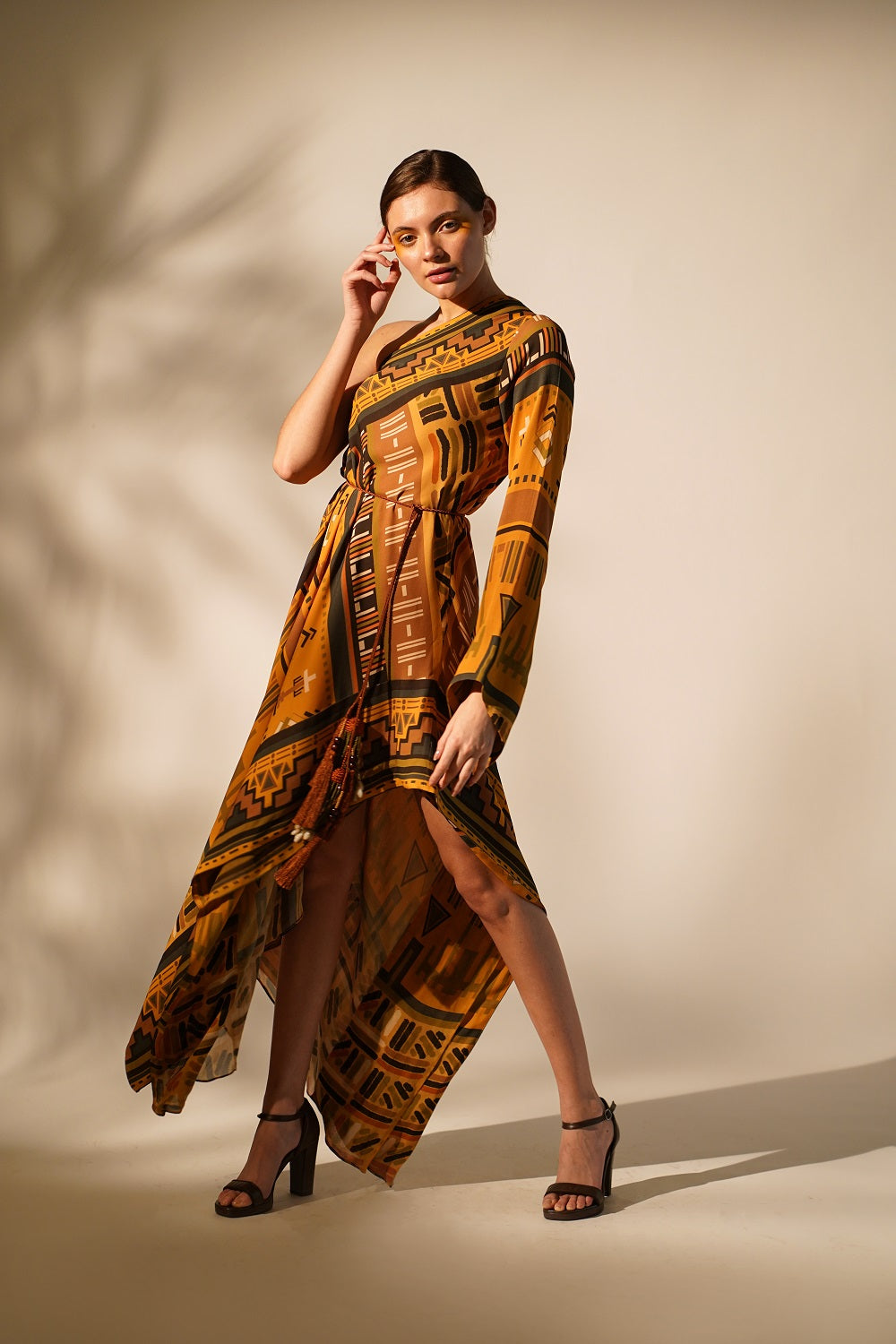 Mustard Aztec Print One Shoulder Dress for Women - Boho Chic Summer Party Outfit - Perfect for Beach Vacations, Music Festivals & Date Nights