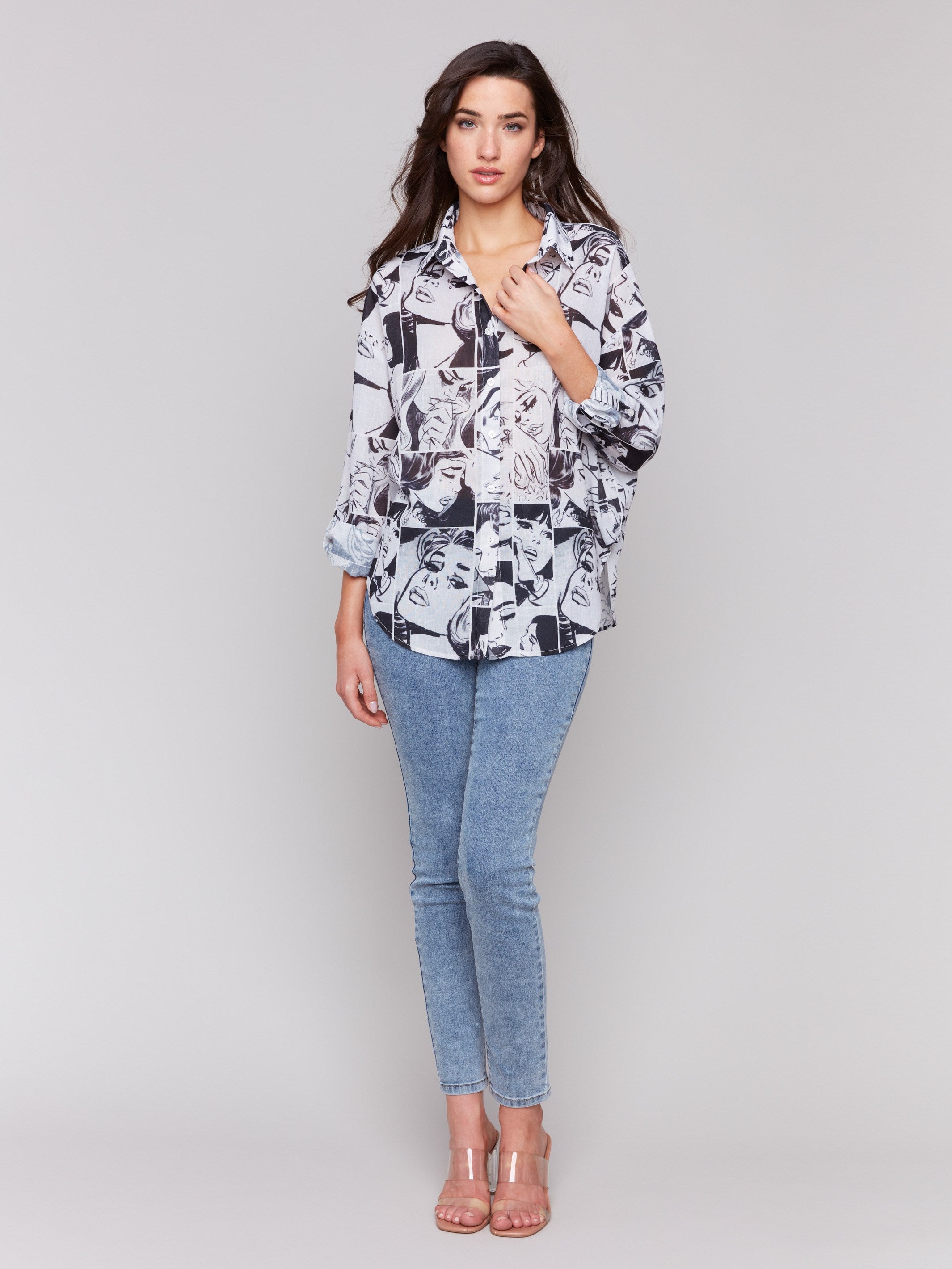Stylish Printed Gauze Shirt with Roll-Up Sleeves | Comic Book Design | Casual Summer Outfit for Men & Women