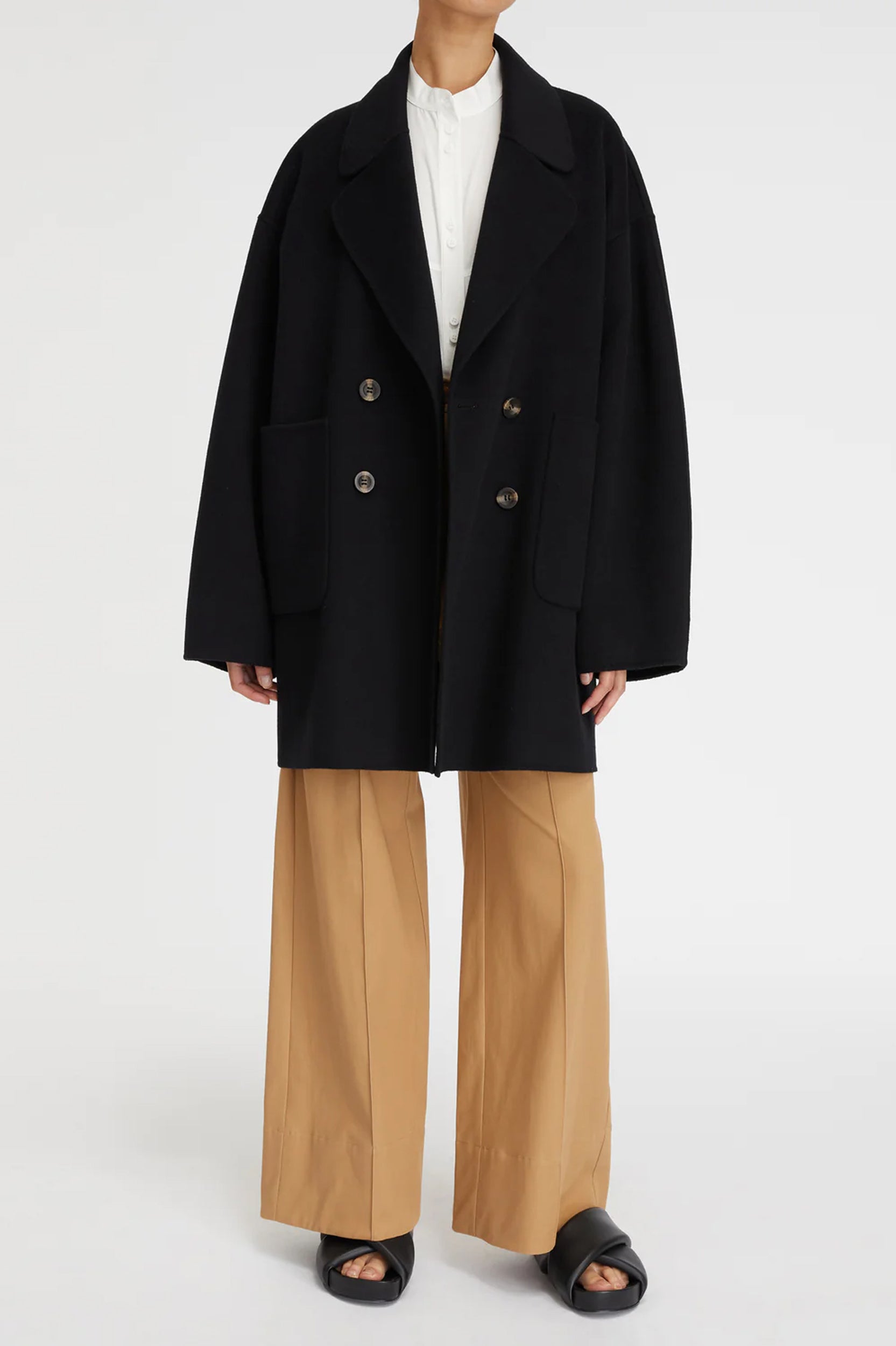 Premium Black Florentine Cashmere Pea Coat for Women - Elegant Winter Outerwear for Office & Evening Occasions