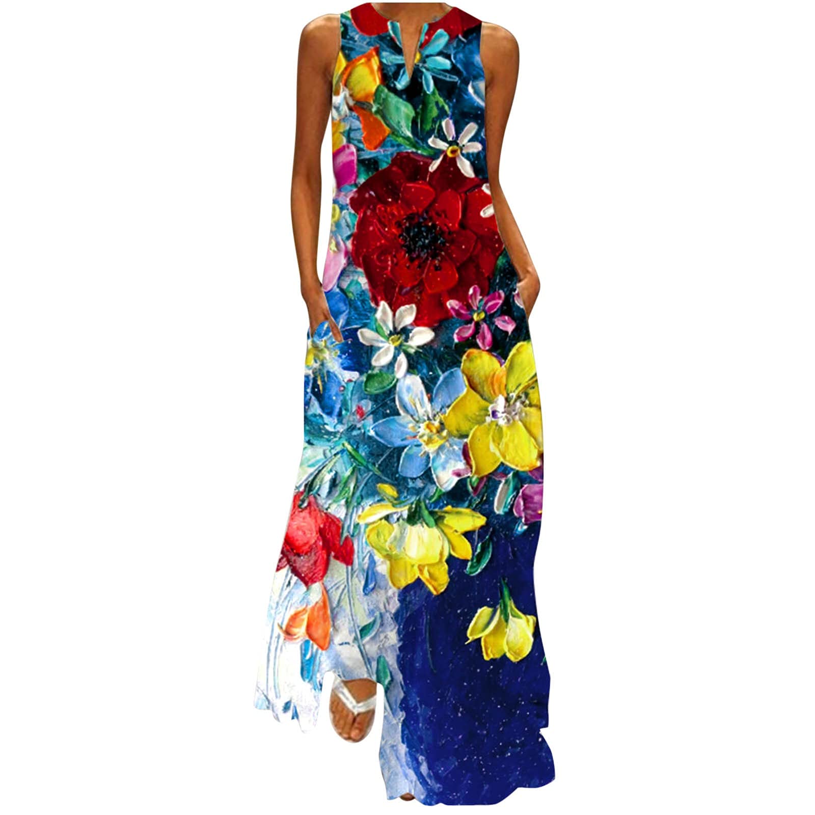 iZZZHH Women's Summer Casual V-Neck Floral Print Sleeveless Loose Maxi Dress - Perfect for Beach Vacation, Outdoor Picnic & Summer Parties