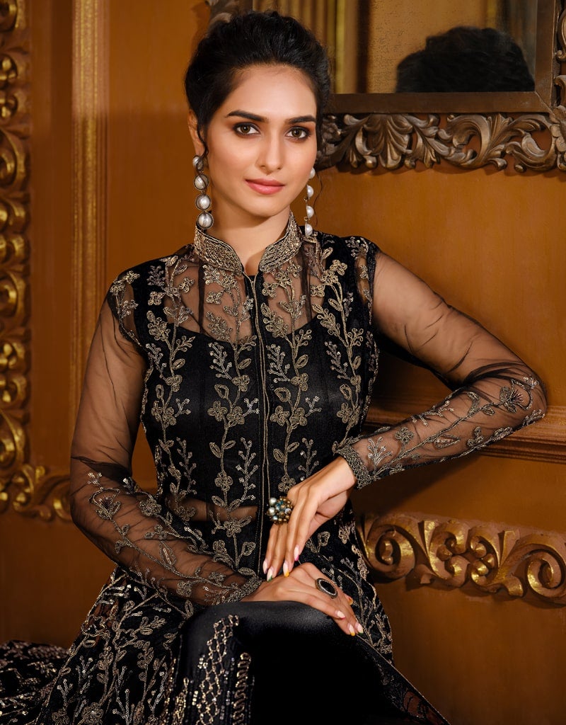 Elegant Black Pant Style Anarkali Dress with Soft Net Fabric - Perfect for Weddings, Parties & Festive Occasions