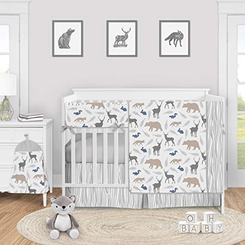 Sweet Jojo Designs Woodland Animals Baby Crib Bedding Set - 5 Piece Nursery Set for Boys & Girls - Blue Grey Tan Forest Theme with Bear, Deer & Fox - Perfect for Nursery Decor, Baby Shower Gift & Cozy Sleep Time