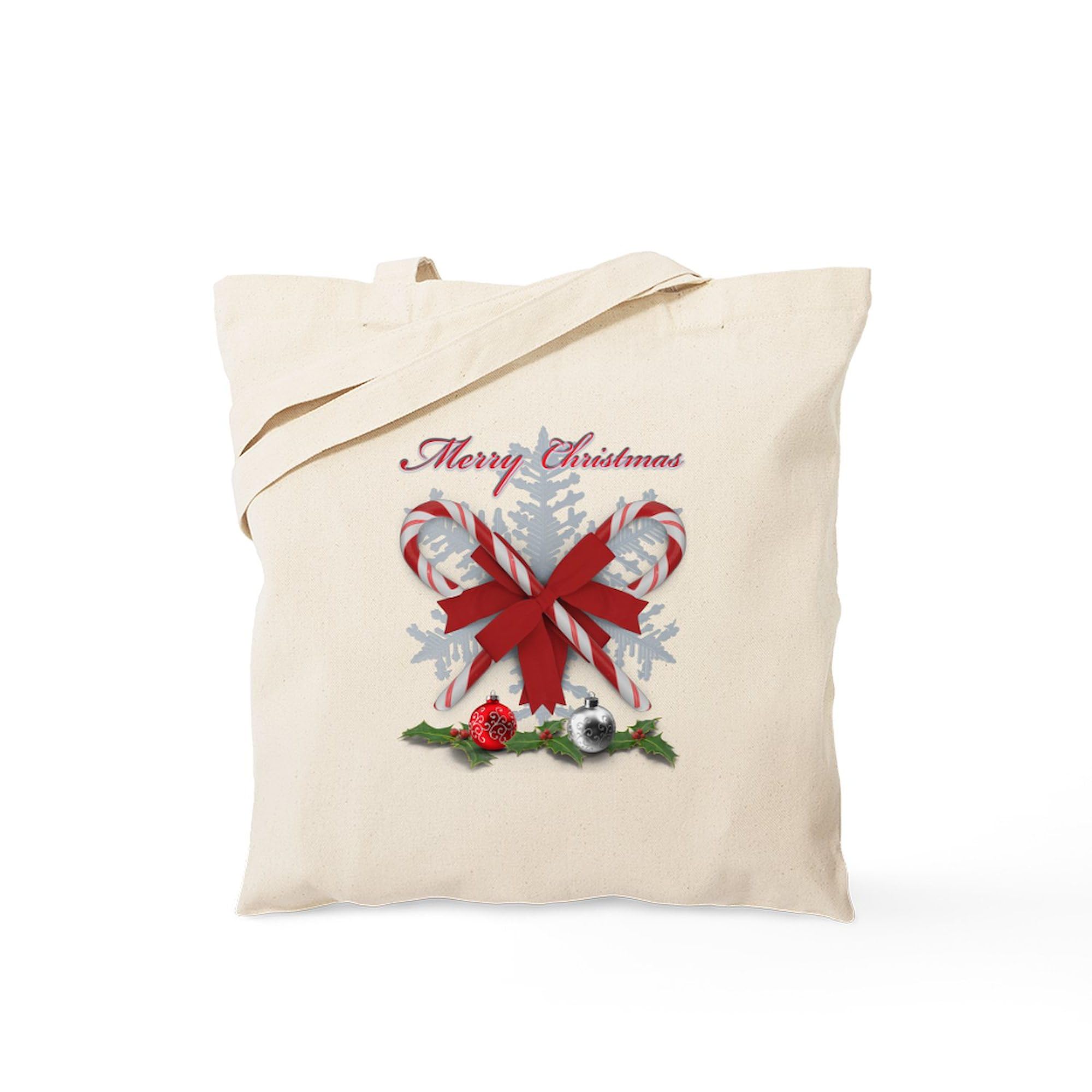 Candy Canes Merry Christmas Tote Bag - Natural Canvas Reusable Shopping Bag for Holiday Gifts, Groceries & Festive Outings