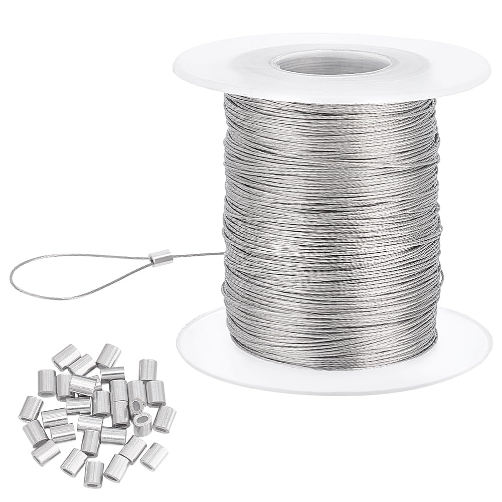 PH PandaHall 328 Feet 0.5mm Heavy Duty Stainless Steel Picture Hanging Wire - 304 Stainless Steel Photo Frame Wire with 30 Aluminum Crimping Loop Sleeves (9.7LB Load Capacity) - Perfect for Hanging Mirrors, Frames, and Wall Decor