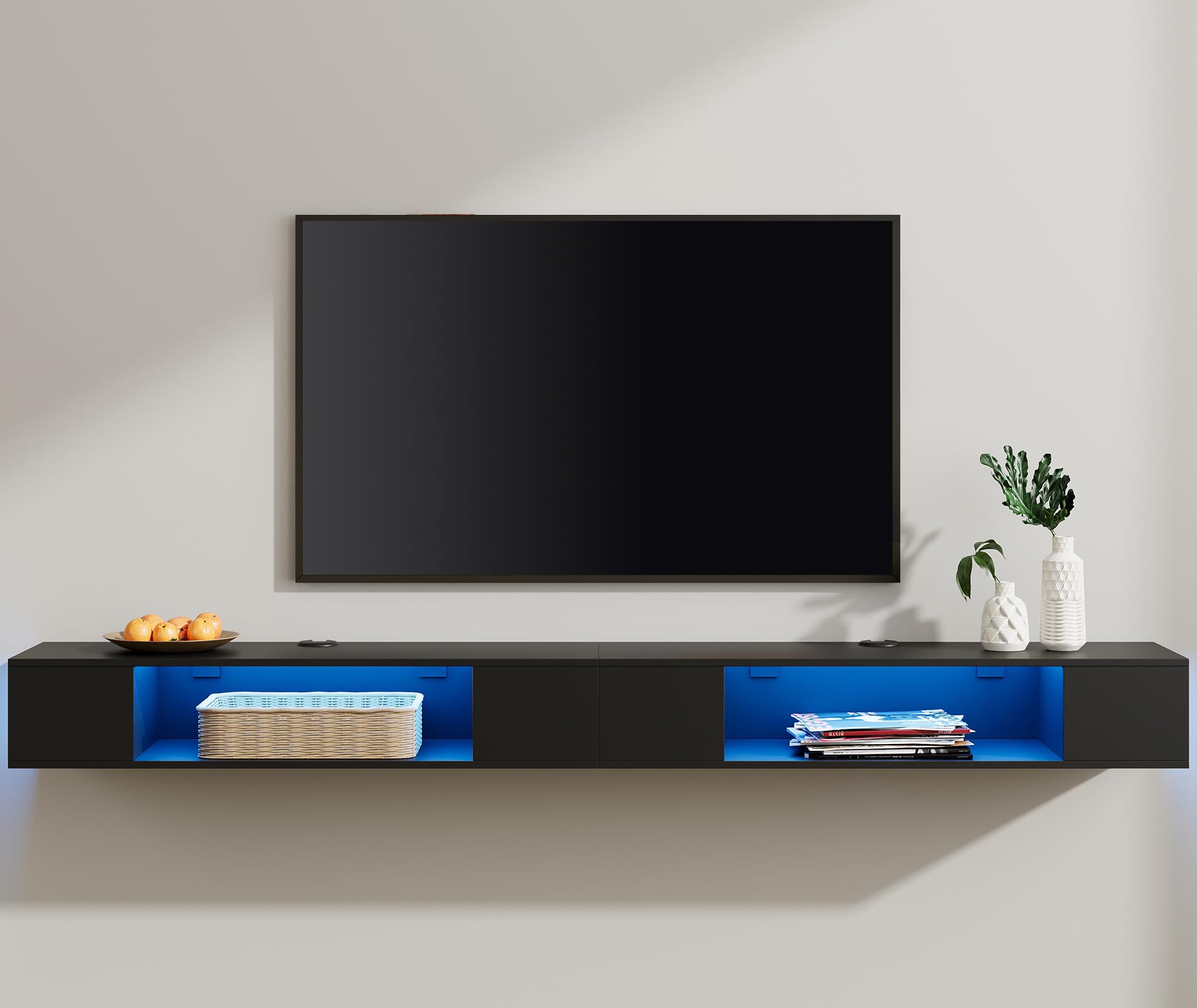 WAMPAT 80 Inch Floating TV Stand with LED Lighting - Wall Mounted Entertainment Center, Modern TV Media Console with Storage for Living Room & Bedroom - Perfect for Home Theater Setup & Space Saving Organization (Black)