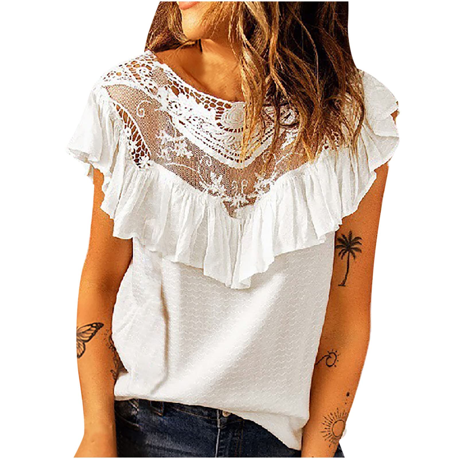 Boho Tops for Women - Summer Solid Color Crew Neck Lace Patchwork Sleeveless Tunic Tops | Vacation & Beach Wear | Perfect for Casual Outings, Music Festivals & Tropical Getaways