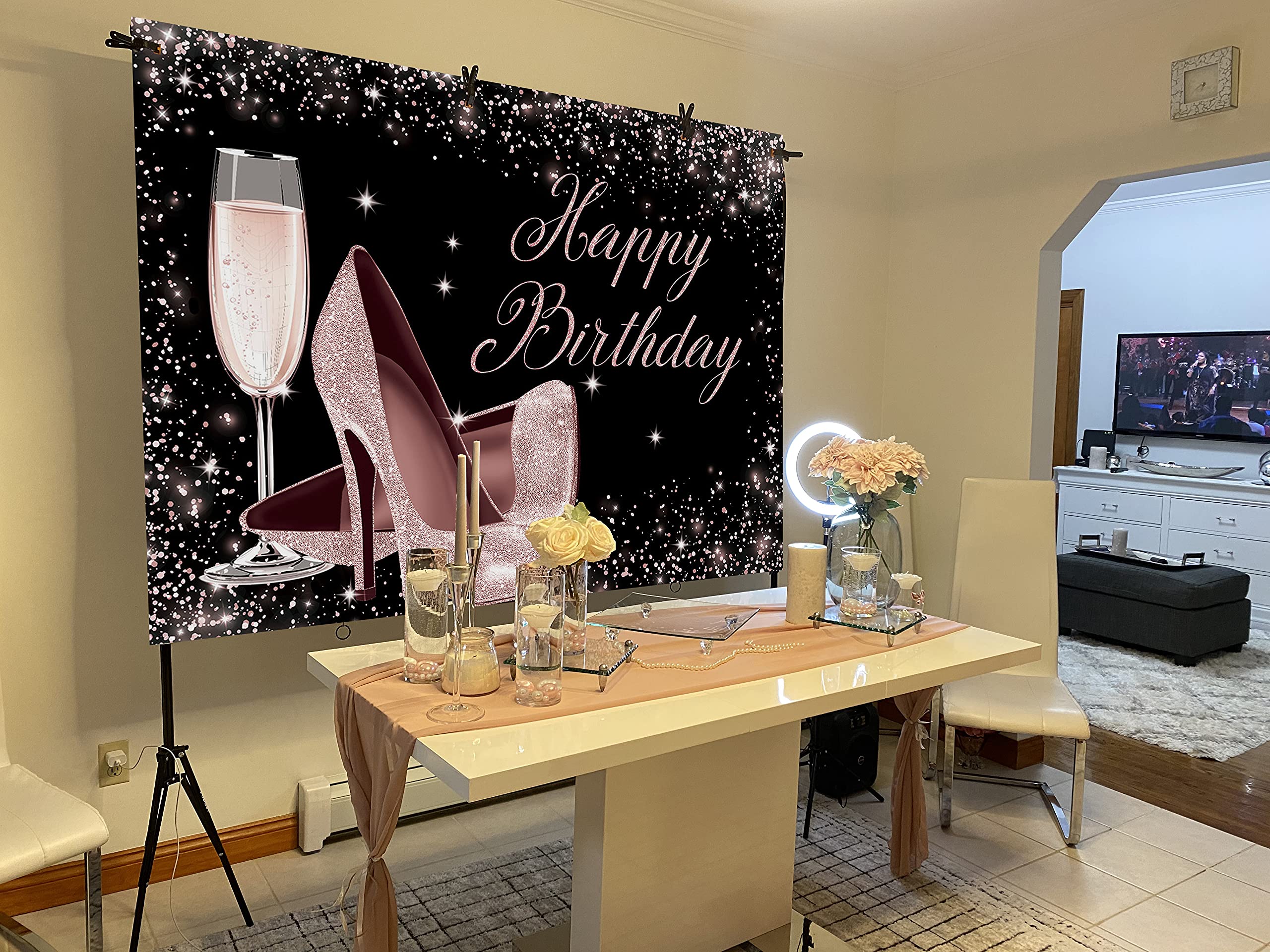 Rose Gold Glitter Happy Birthday Backdrop with High Heels & Champagne Glass - 7x5ft Photography Background for Women's Birthday Party Decor, Photo Booth Props | Perfect for Adult Birthday Celebrations, Bridal Showers & Bachelorette Parties